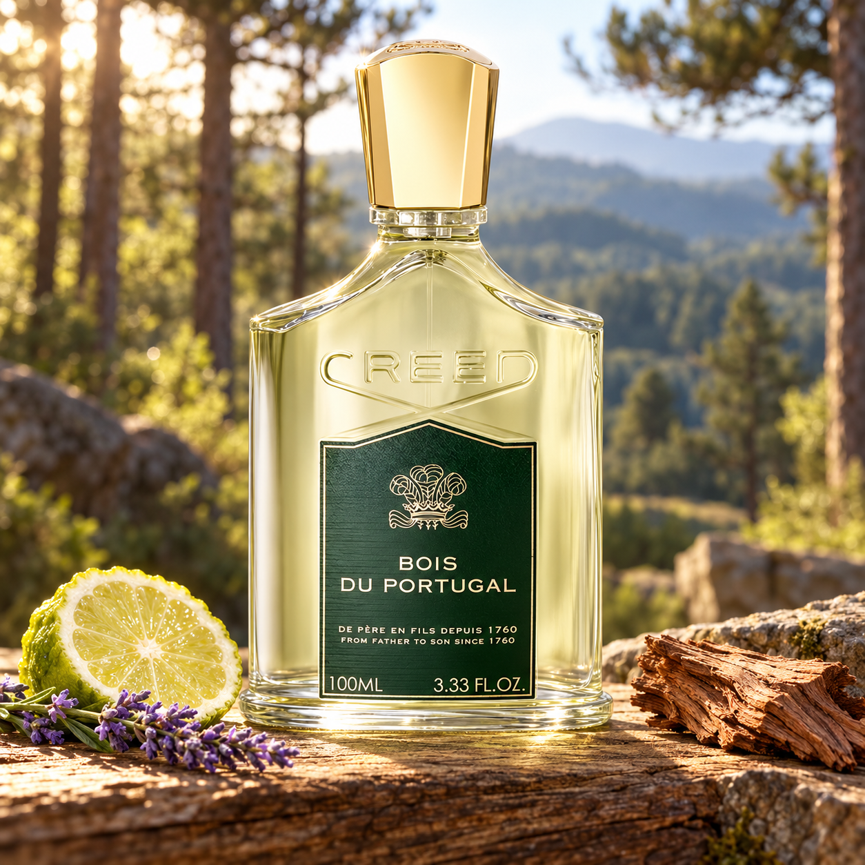 Creed Bois du Portugal with bergamot, lavender, and cedarwood on a timber ledge overlooking a sunlit forest.