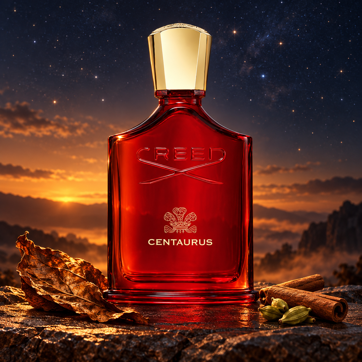 Creed Centaurus beside tobacco leaf, cinnamon, and cardamom on dark stone beneath a starry sky and glowing amber horizon.