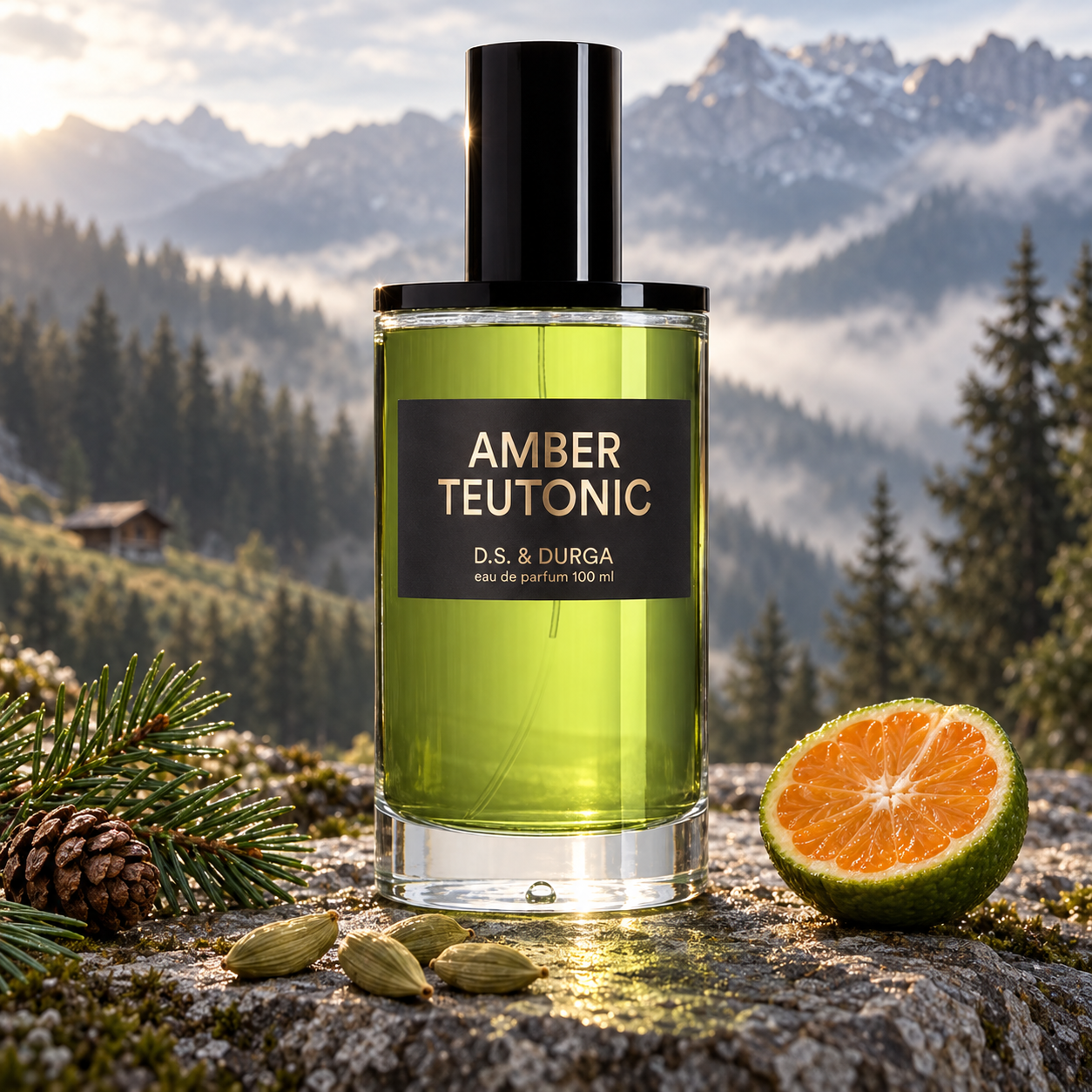 D.S. & DURGA Amber Teutonic bottle beside pine, cardamom pods, and green mandarin on Alpine stone, with a misty mountain forest and distant wooden hut behind it.