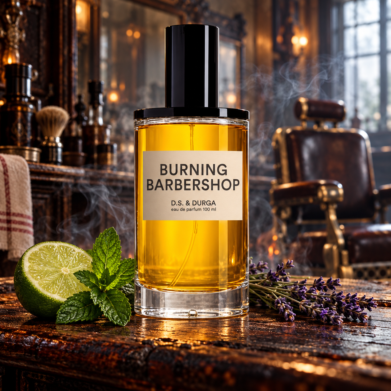 D.S. & DURGA Burning Barbershop with lime, spearmint, and lavender on a charred counter in a smoky vintage barbershop.