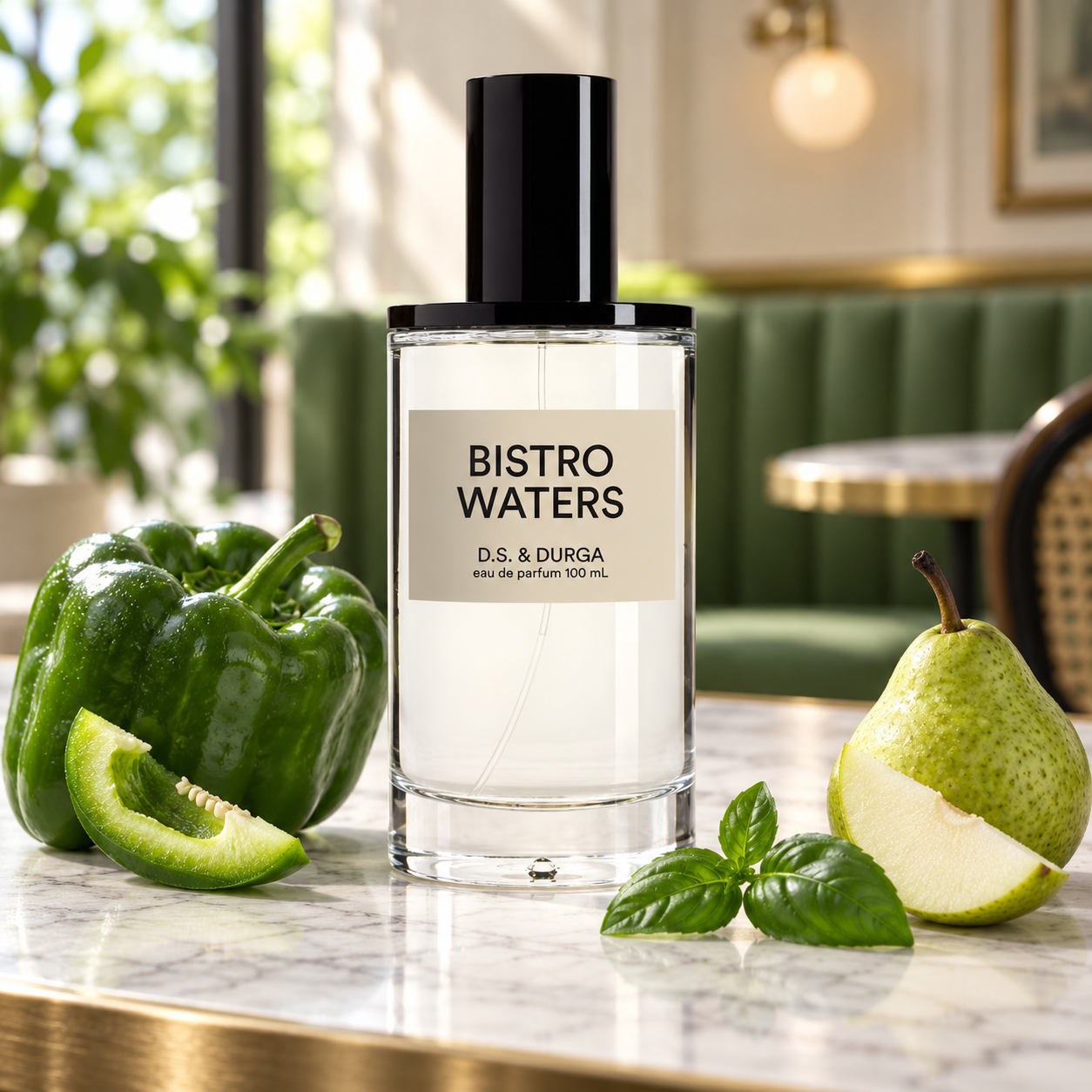 D.S. & Durga Bistro Waters beside green pepper, pear, and basil on a marble counter in a sunlit bistro with green seating.