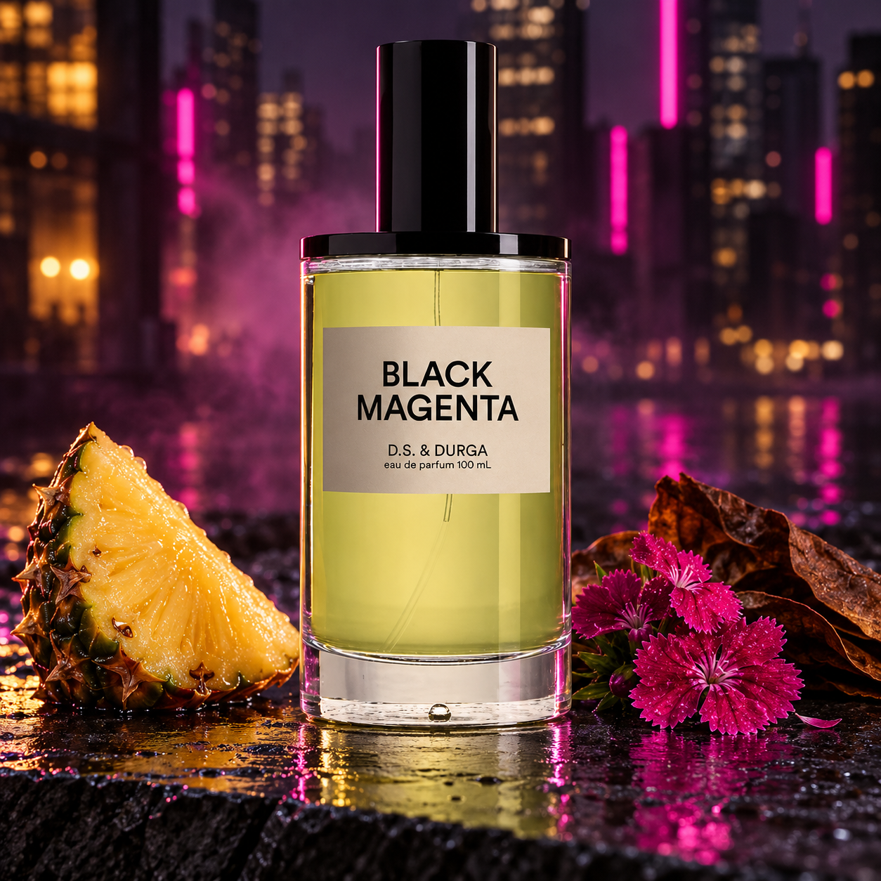 D.S. & Durga Black Magenta beside a pineapple wedge, magenta dianthus, and tobacco leaf on wet stone against a neon-lit city backdrop.