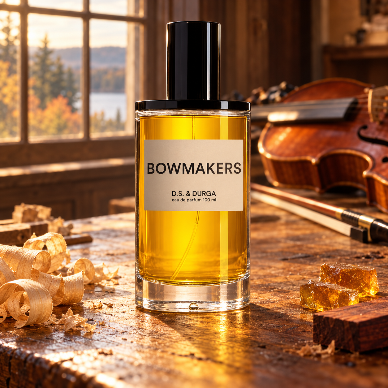 D.S. & Durga Bowmakers on a sunlit violin workshop bench beside maple shavings, amber rosin, and mahogany, with a violin and bow behind.