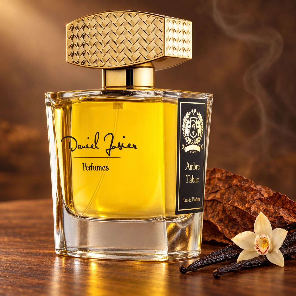 Daniel Josier Ambre Tabac bottle on warm wood beside a tobacco leaf, vanilla pods, and a cream orchid in golden light.