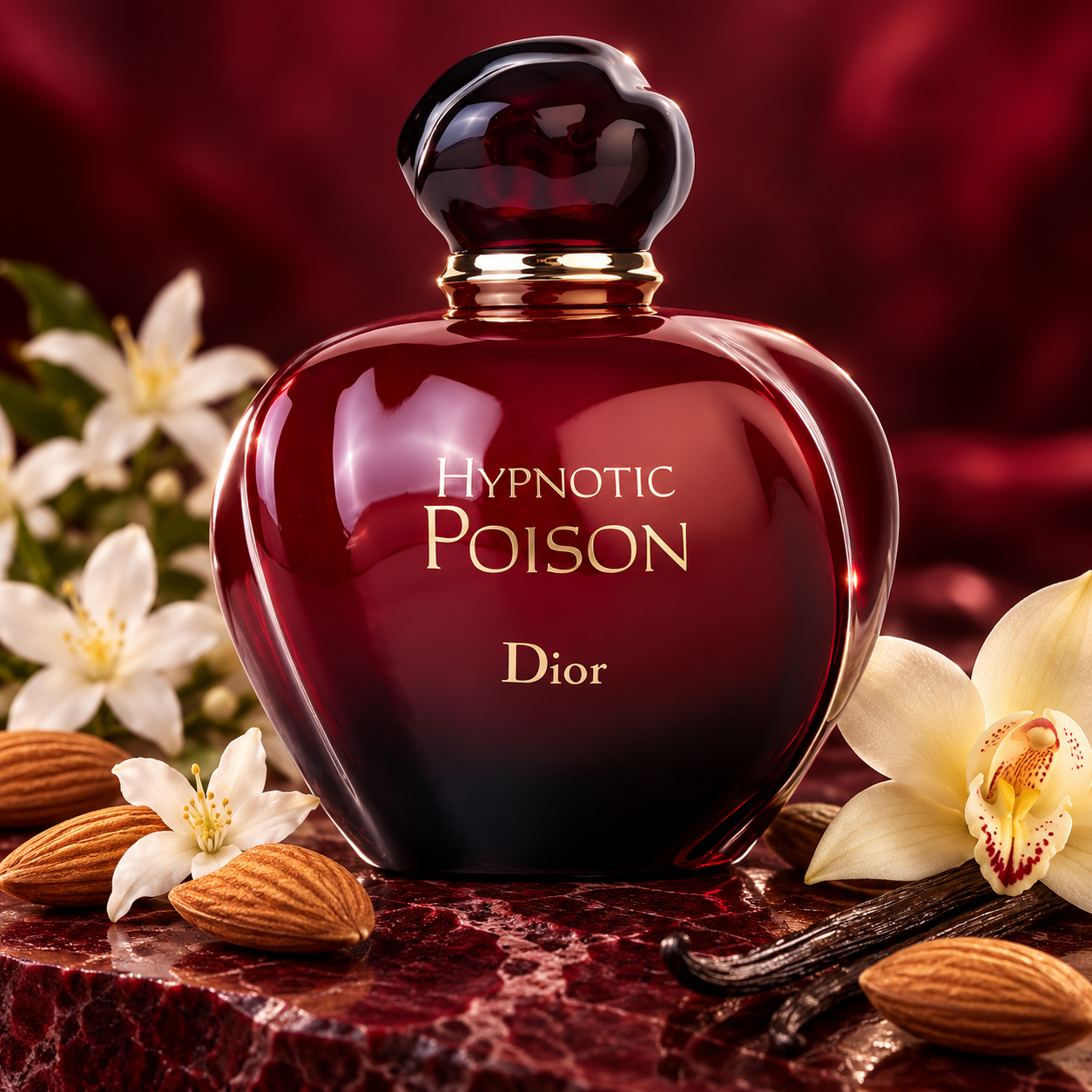Dior Hypnotic Poison perfume on burgundy stone beside almonds, white blossoms, and vanilla pods in soft dramatic light.