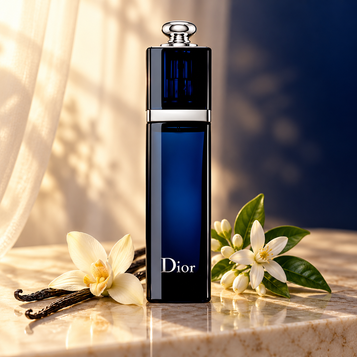 Dior Addict Eau de Parfum beside a vanilla orchid, vanilla pods, and orange blossoms on ivory stone in warm, soft light.