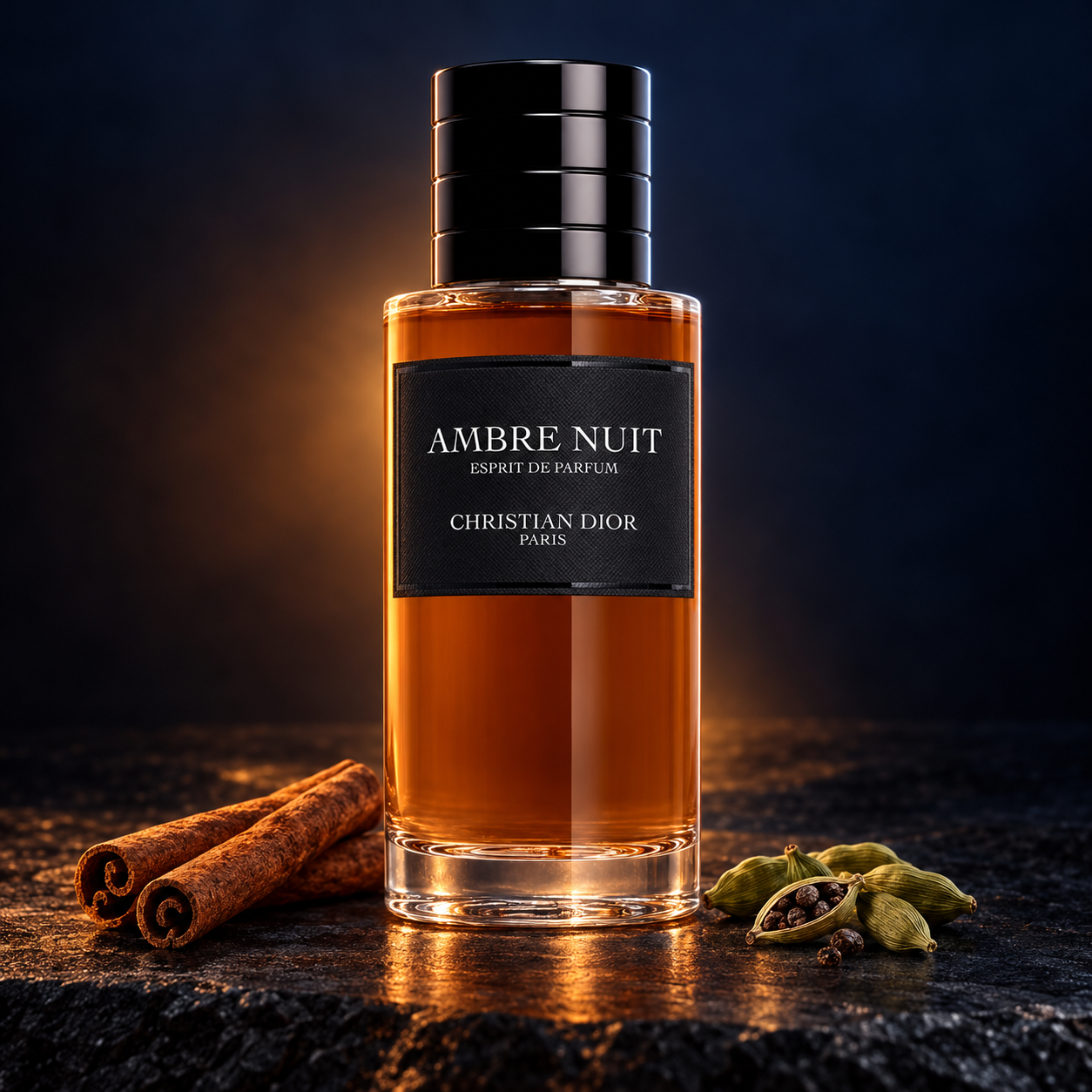 Dior Ambre Nuit Esprit de Parfum on dark stone with cinnamon quills and green cardamom pods, lit by an amber glow against a midnight-blue background.