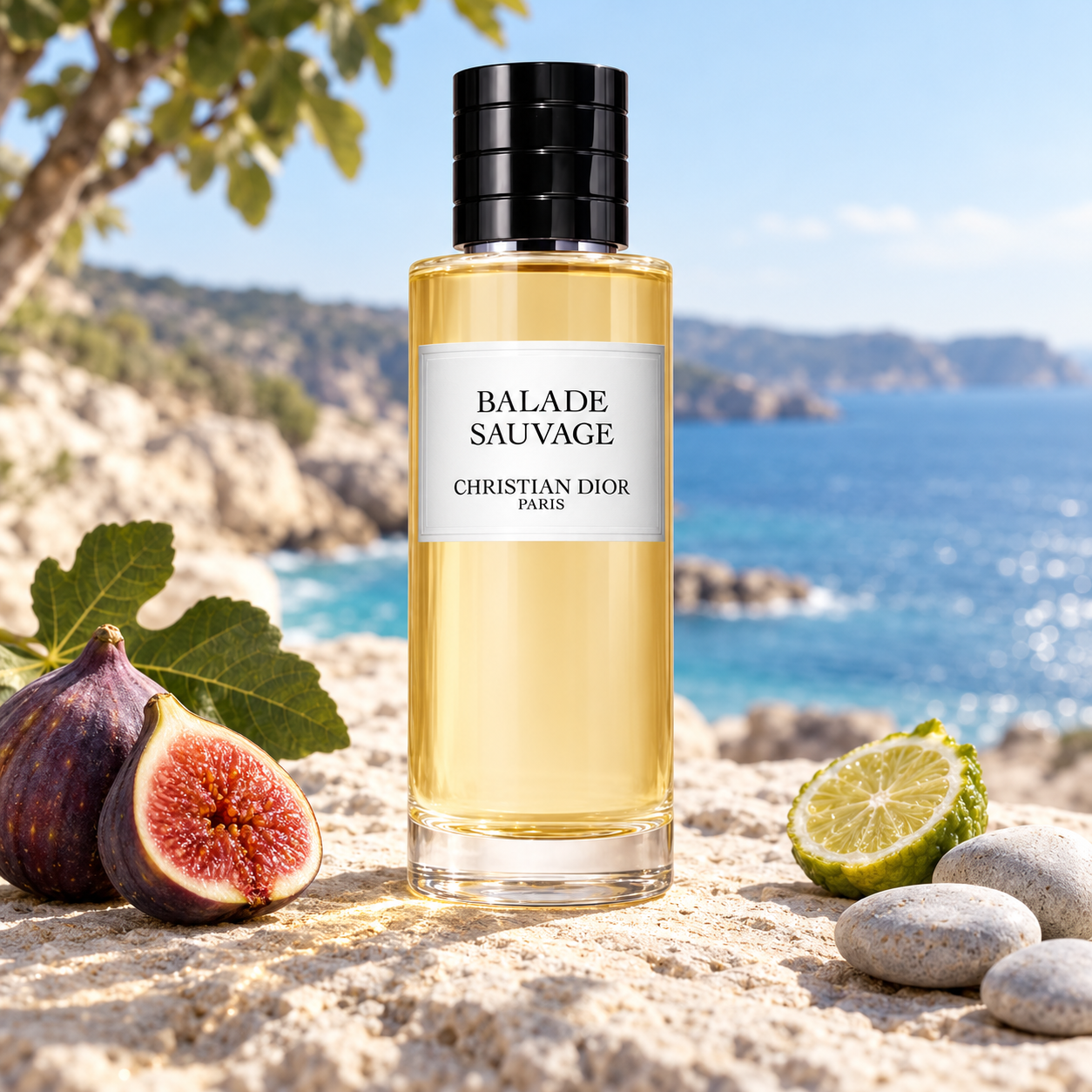 Dior Balade Sauvage on sunlit limestone beside ripe figs, bergamot, and smooth pebbles overlooking a blue coastal bay.