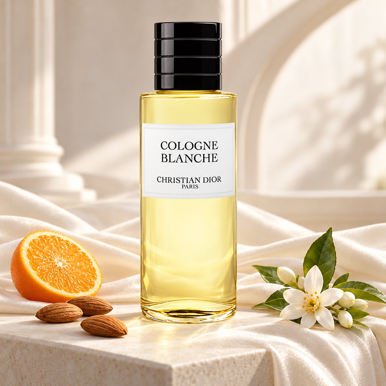 Dior Cologne Blanche bottle on ivory stone and satin beside an orange half, almonds, and orange blossoms in soft sunlight.