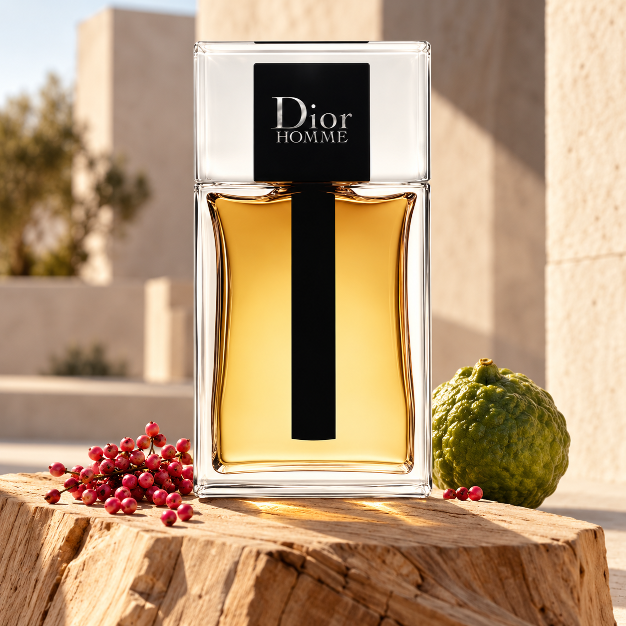 Dior Homme 2020 bottle with pink pepper and a whole bergamot on pale cedar against sunlit stone architecture.