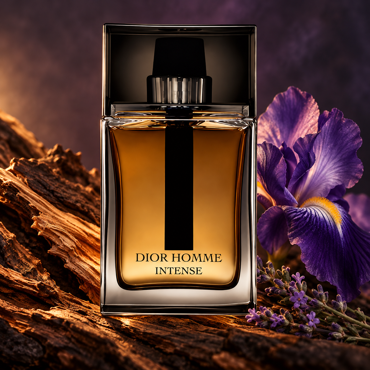 Dior Homme Intense bottle with purple iris and lavender on dark cedarwood in warm evening light.