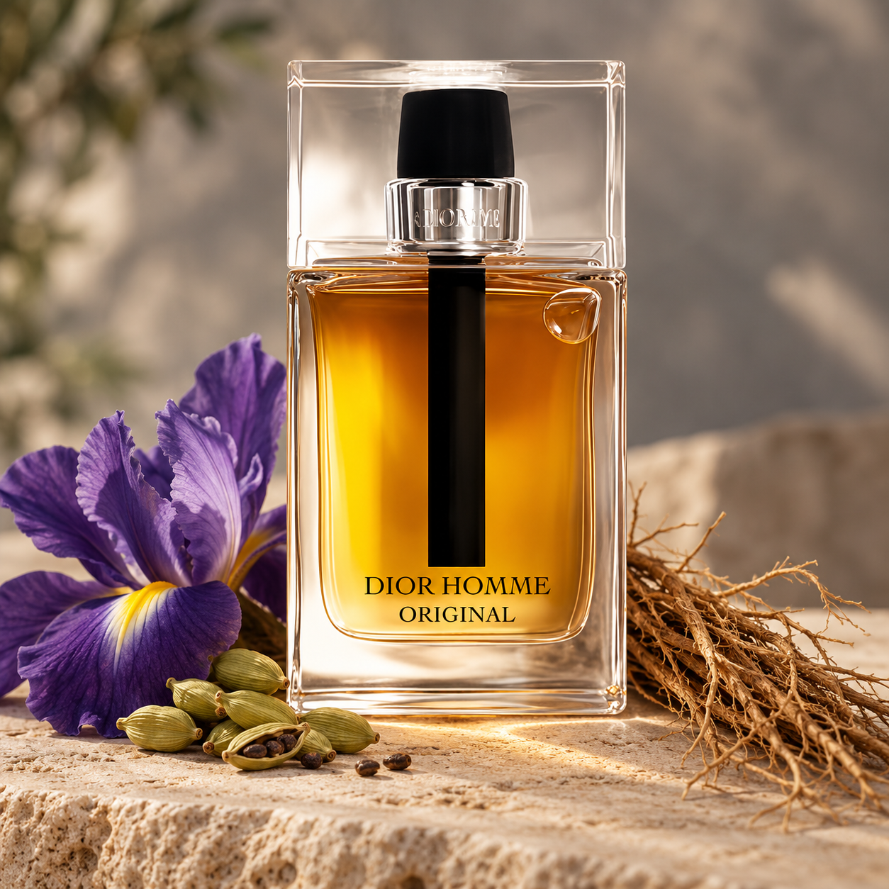 Dior Homme Original bottle with purple iris, cardamom and vetiver roots on limestone in soft daylight.