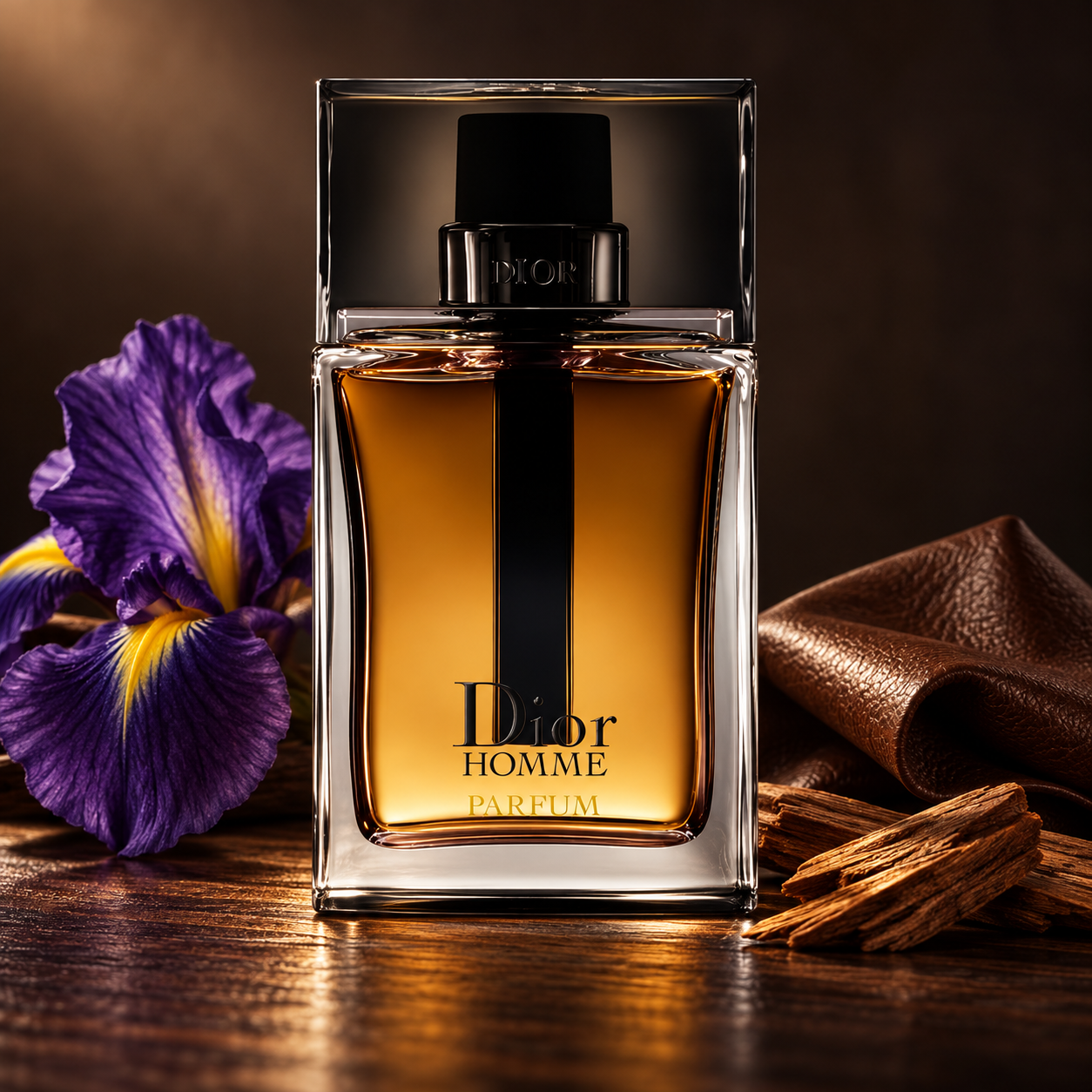 Dior Homme Parfum bottle with purple iris, brown leather and sandalwood on dark wood in warm amber light.