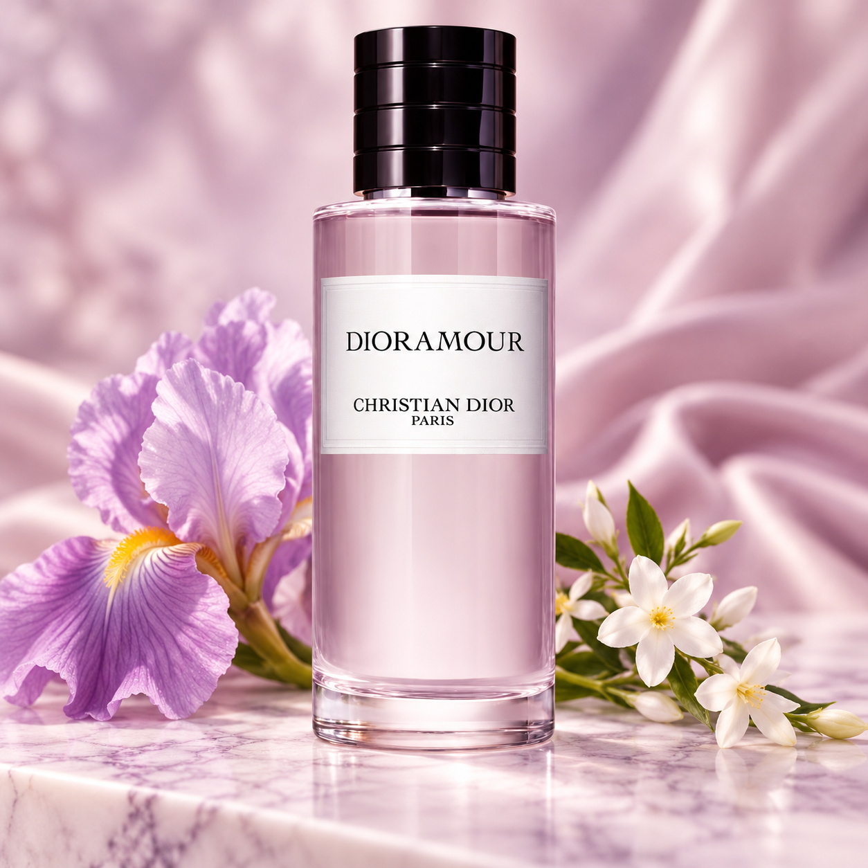Dior Dioramour bottle with pale purple iris and white jasmine on lavender marble against soft pink silk.