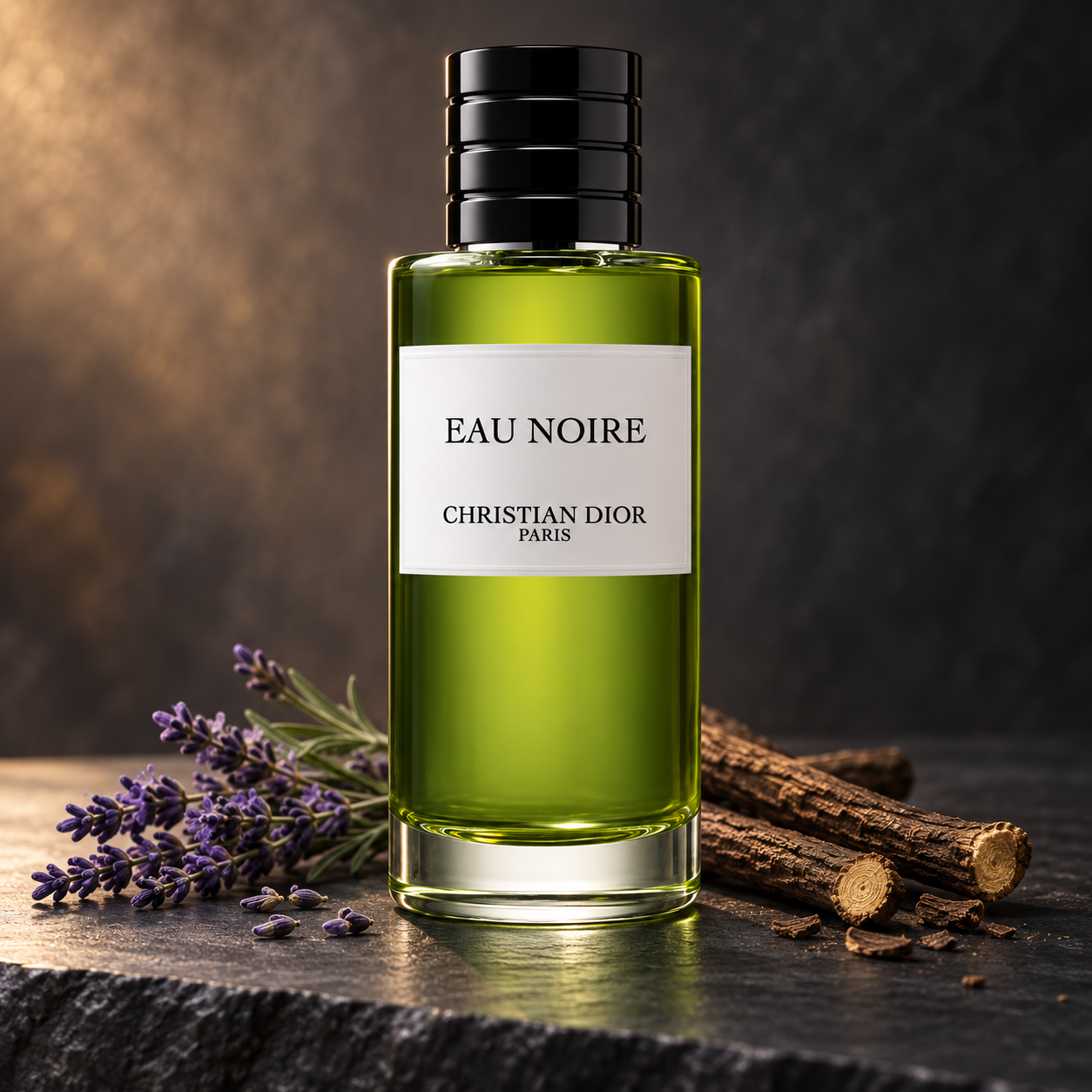 Dior Eau Noire green bottle with lavender and licorice roots on dark stone in warm side light.