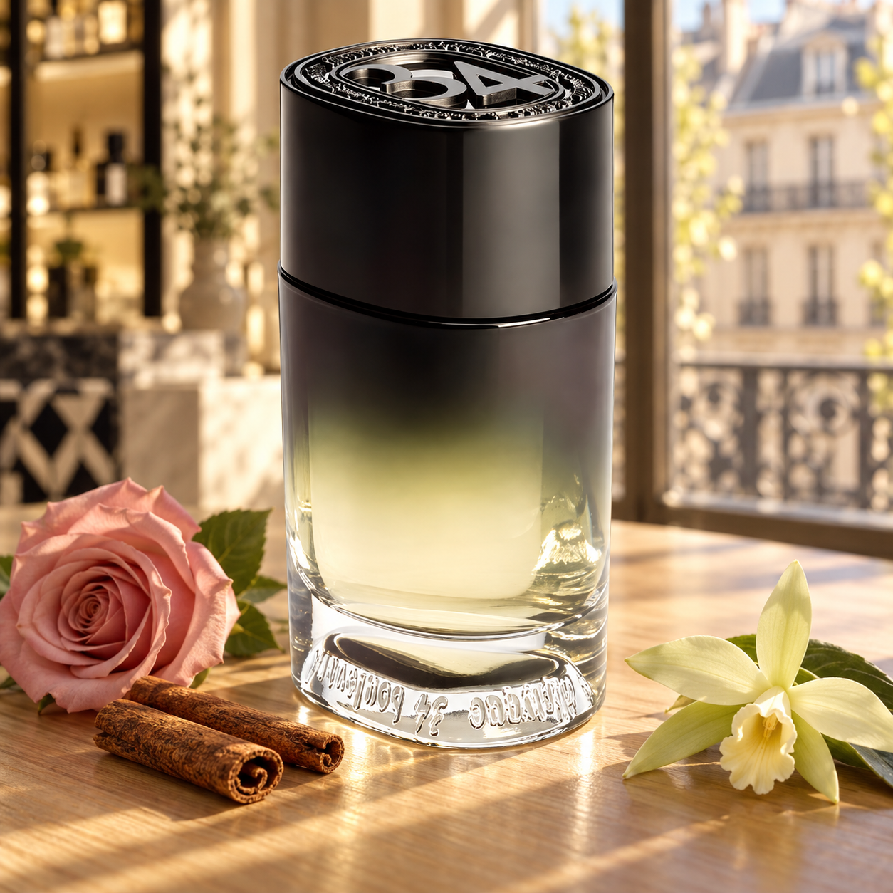 Diptyque 34 Boulevard Saint-Germain Eau de Parfum with a pink rose, cinnamon, and vanilla orchid on a sunlit Parisian boutique counter.