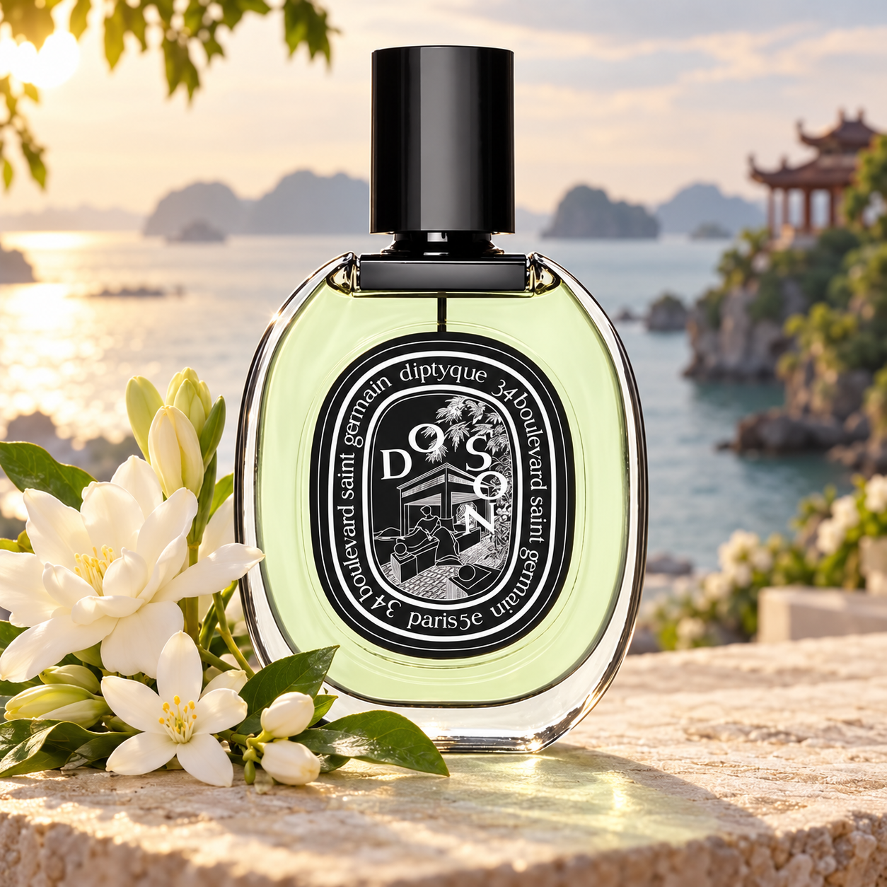 Diptyque Do Son EDP bottle with white tuberose and orange blossoms on coastal stone beside a softly blurred Vietnamese pagoda and sea.