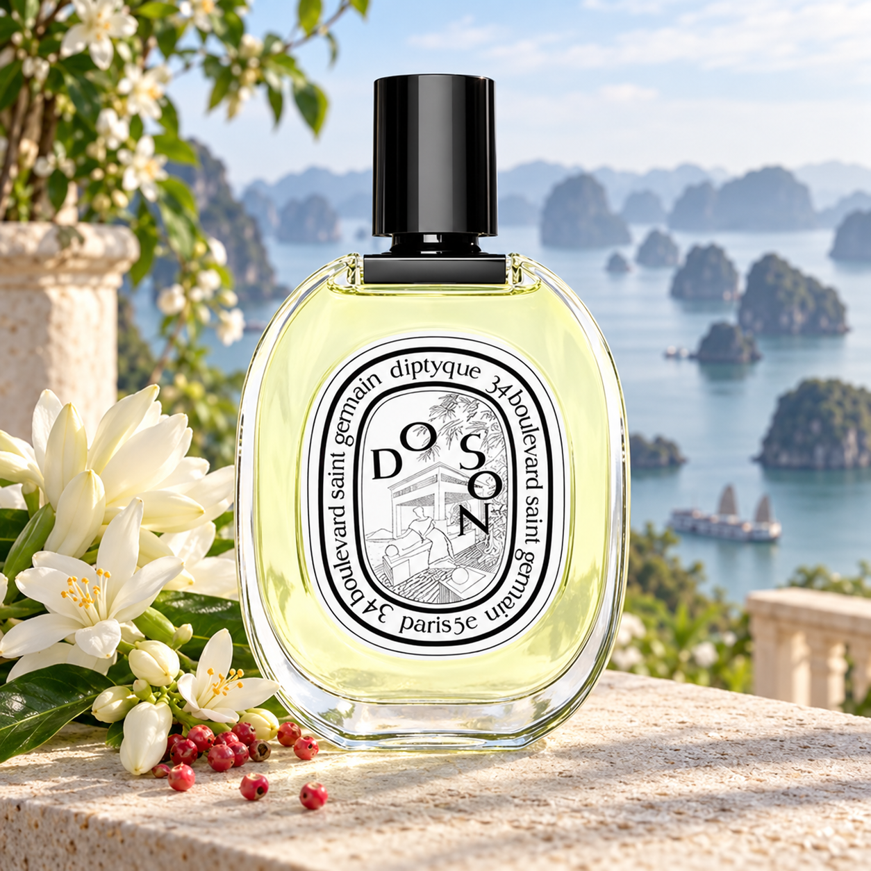 Diptyque Do Son EDT bottle with tuberose, orange blossoms and pink pepper on a bright stone veranda overlooking Halong Bay.