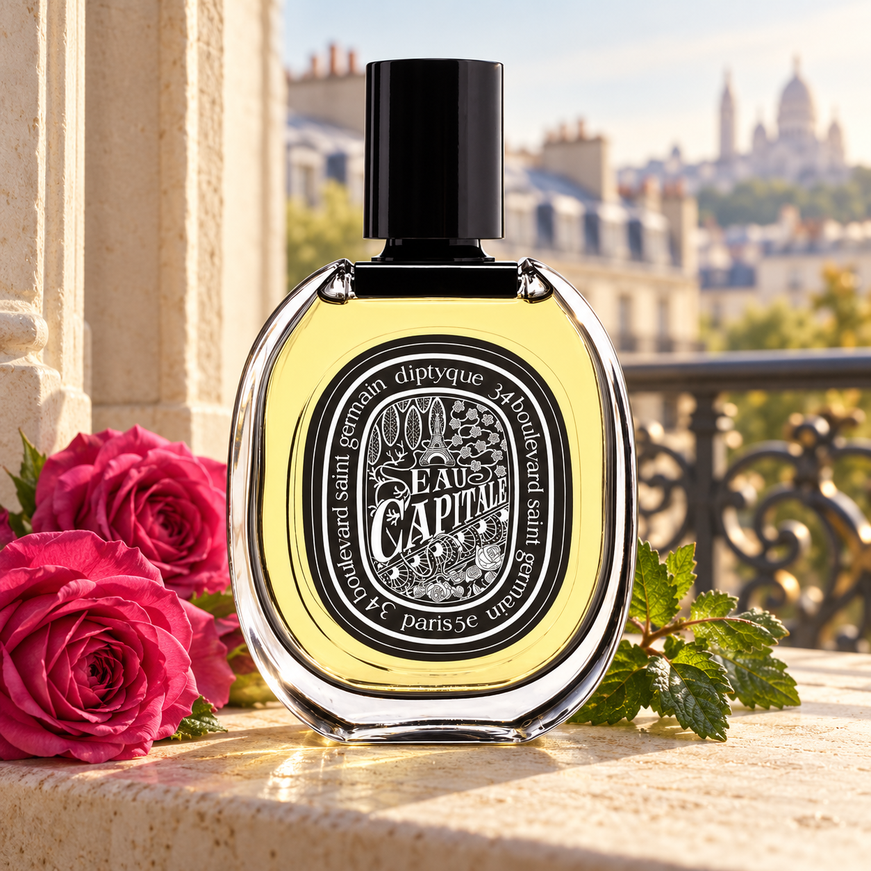 Diptyque Eau Capitale Eau de Parfum bottle beside pink roses and green leaves on a sunlit Parisian stone windowsill.