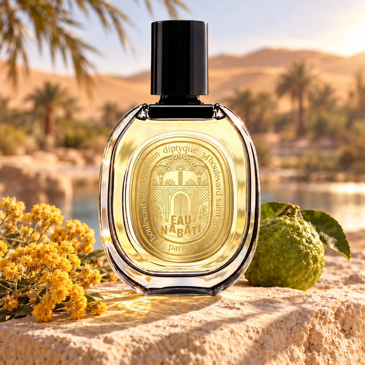 Diptyque Eau Nabati bottle with immortelle flowers and a whole bergamot on sandy stone beside a sunlit oasis.