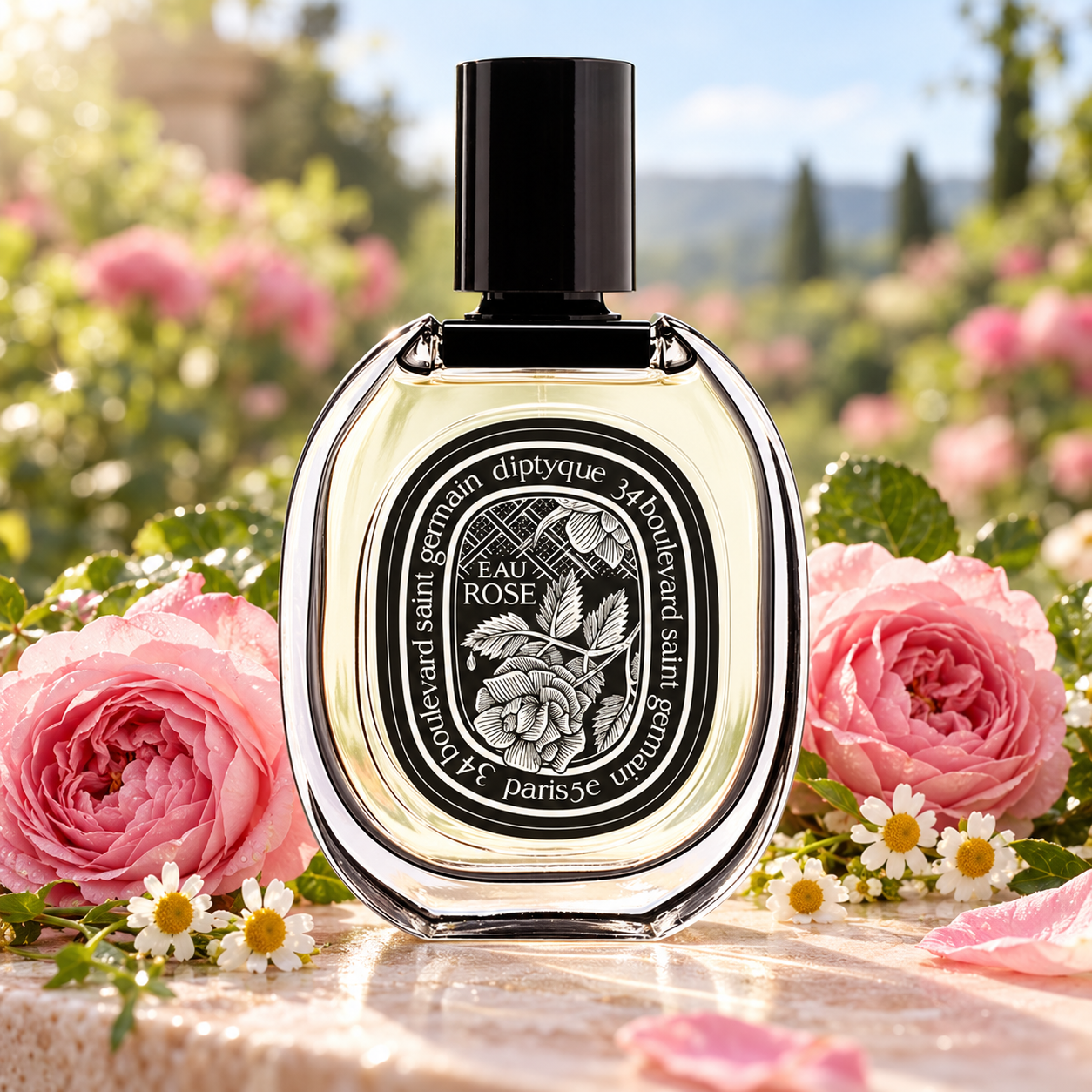 Diptyque Eau Rose EDP bottle with pink roses and chamomile on pale stone in a sunlit garden.