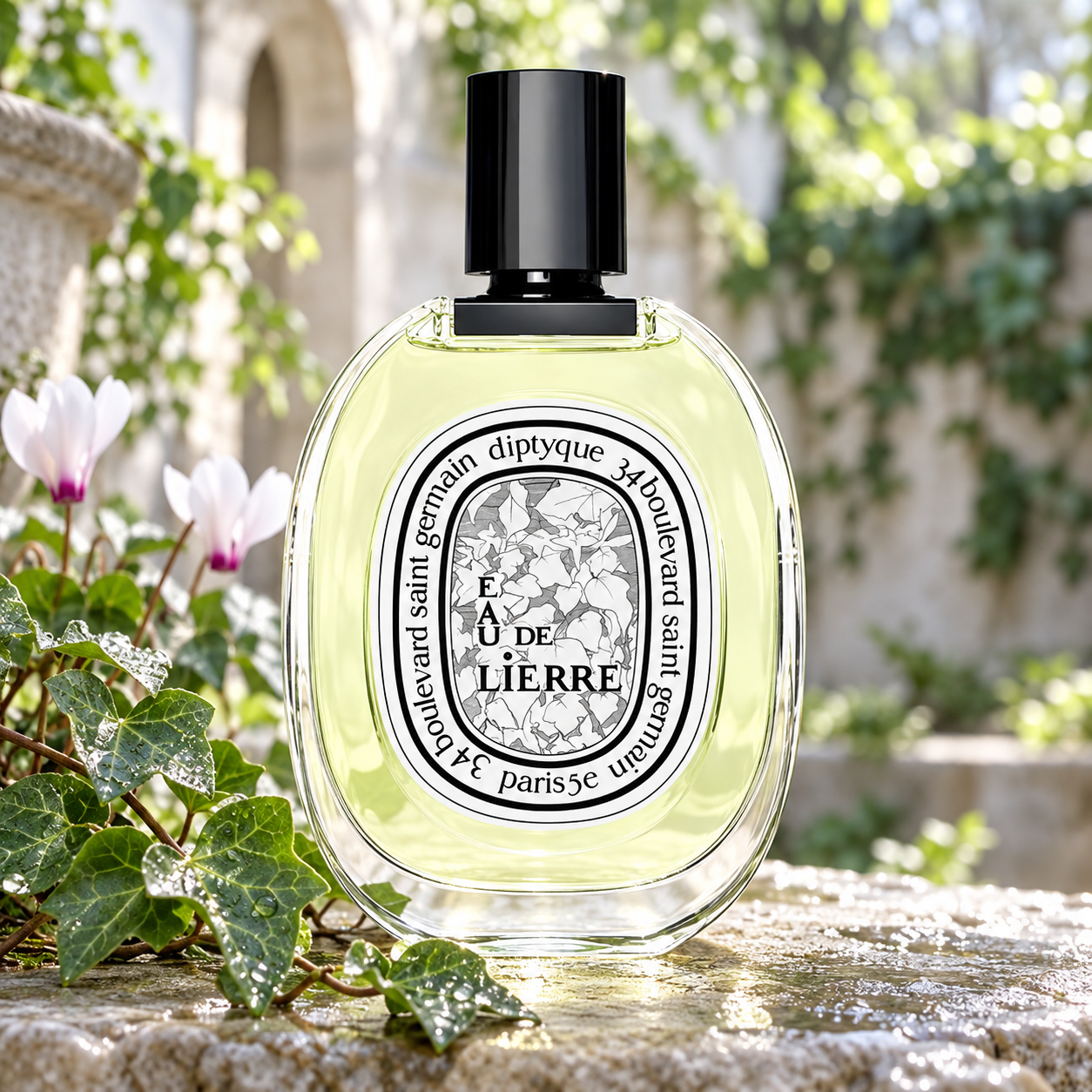 Diptyque Eau de Lierre bottle beside dewy ivy and pale cyclamen on damp stone in a softly lit garden courtyard.