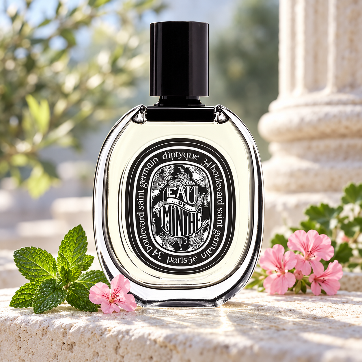 Diptyque Eau de Minthé bottle with fresh mint and pink geranium flowers on pale stone beside a softly blurred classical column.