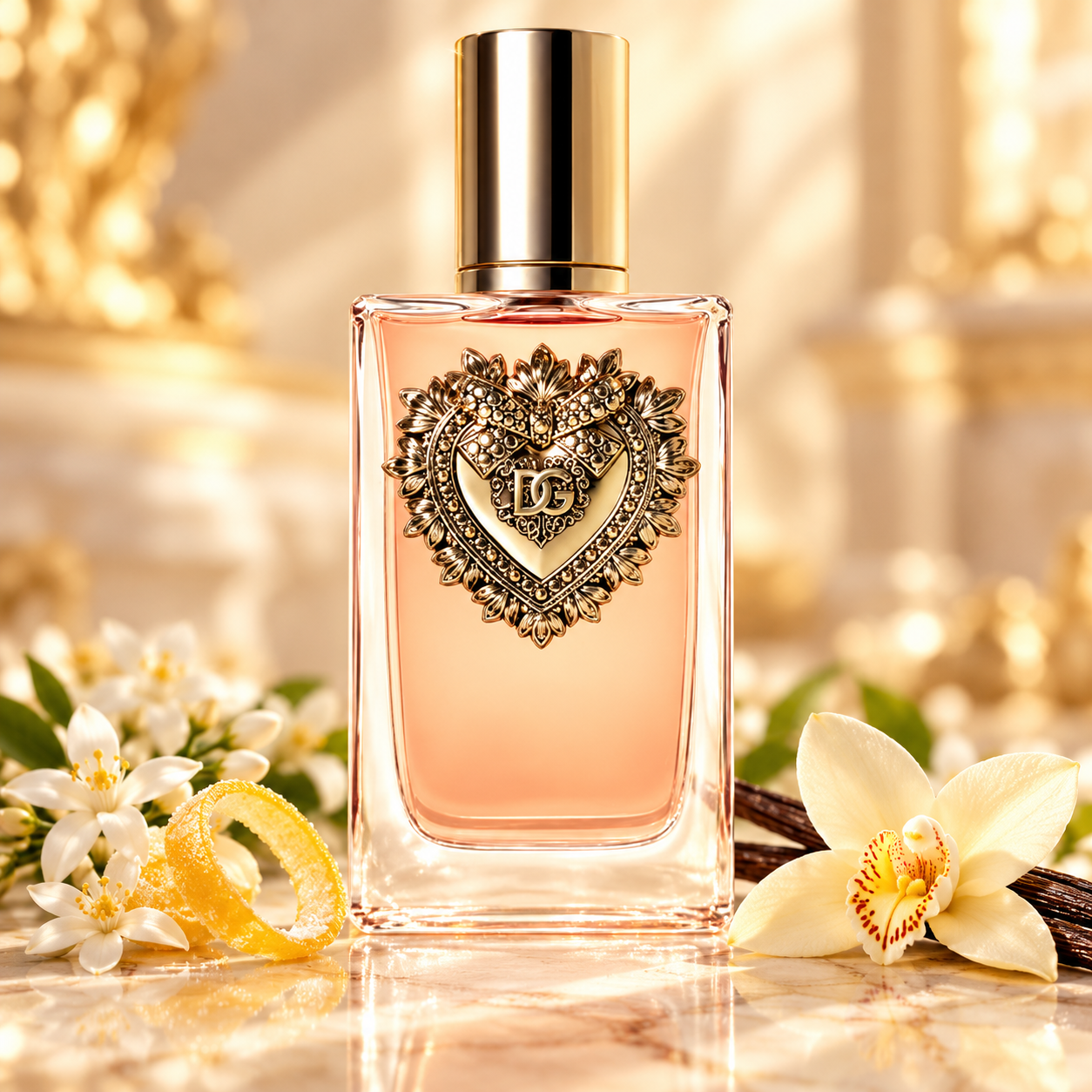 Dolce & Gabbana Devotion bottle on ivory marble with candied lemon peel, orange blossoms and a vanilla orchid in golden light.