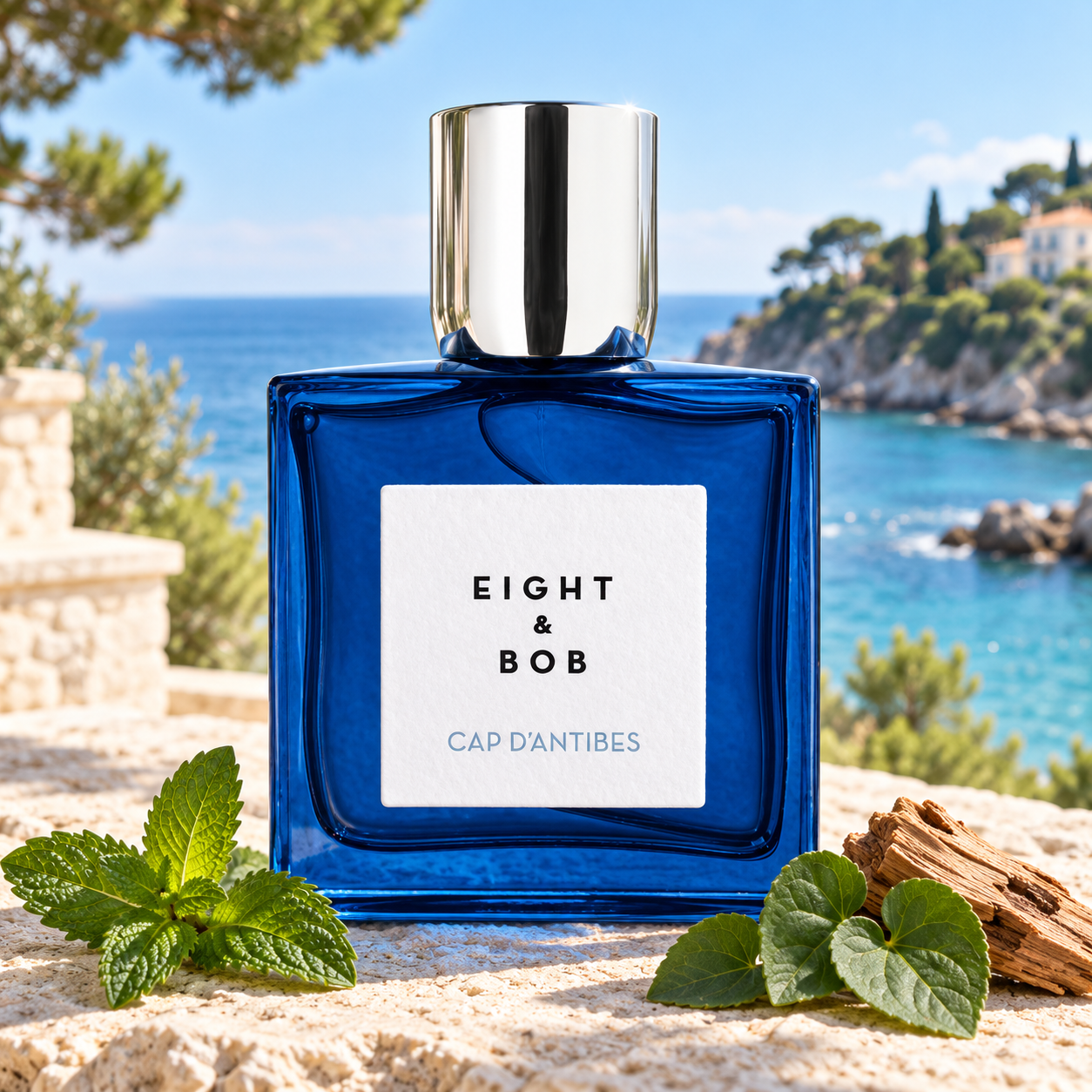EIGHT & BOB Cap d’Antibes with mint, violet leaves, and cedarwood on a sunlit stone terrace overlooking a turquoise Riviera cove.