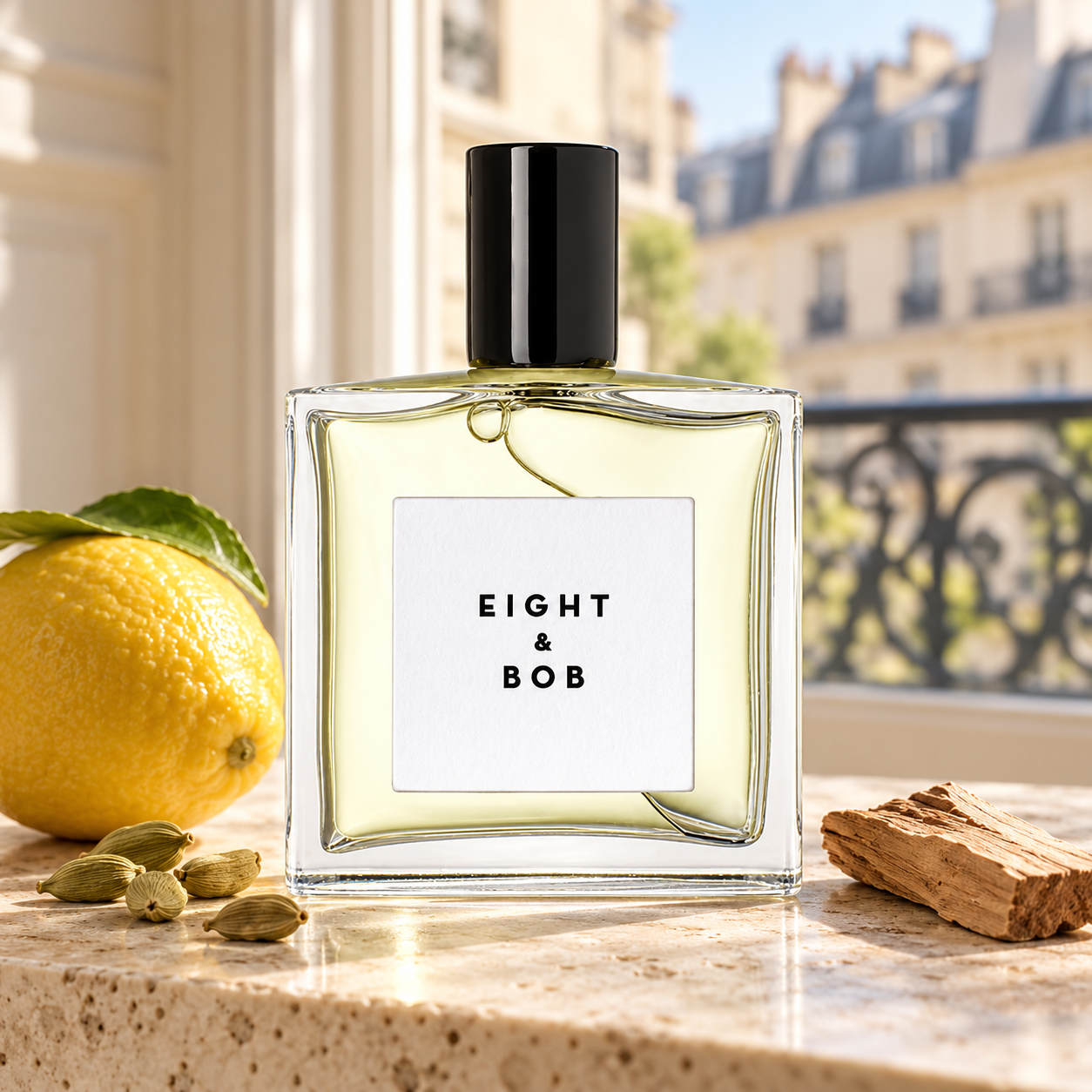 Eight & Bob Original bottle with a whole lemon, cardamom and wood on sunlit stone beside a Parisian-style window.