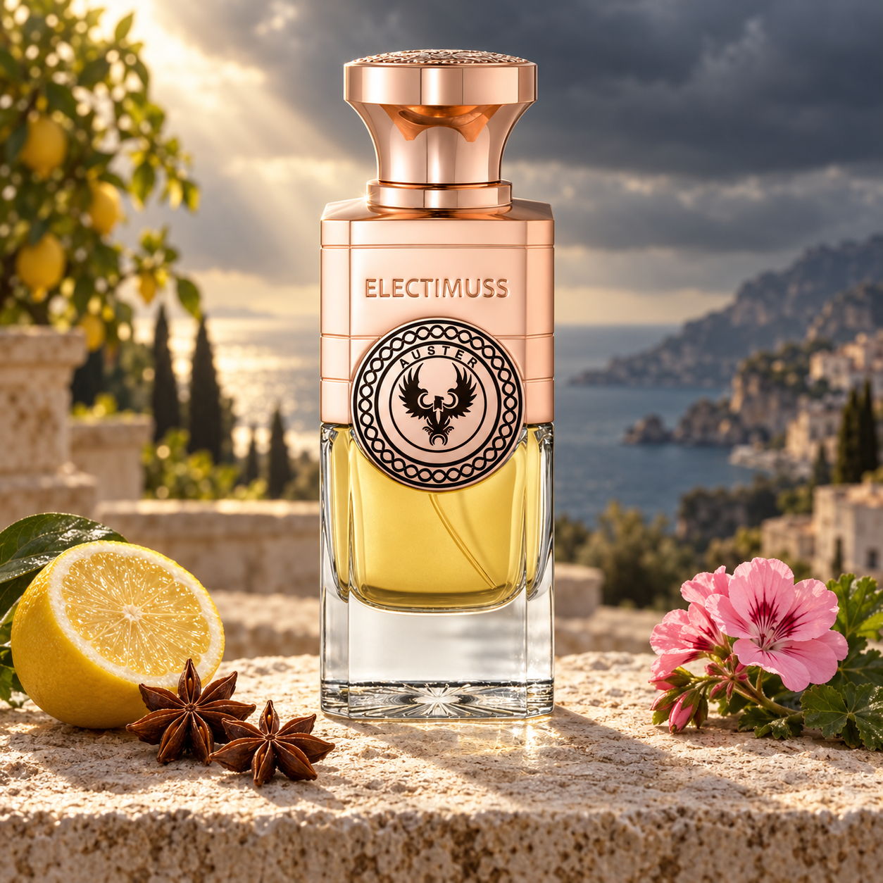 Electimuss Auster on a limestone terrace beside lemon, star anise, and pink geraniums, overlooking a Mediterranean coastline beneath storm clouds and sunlight.