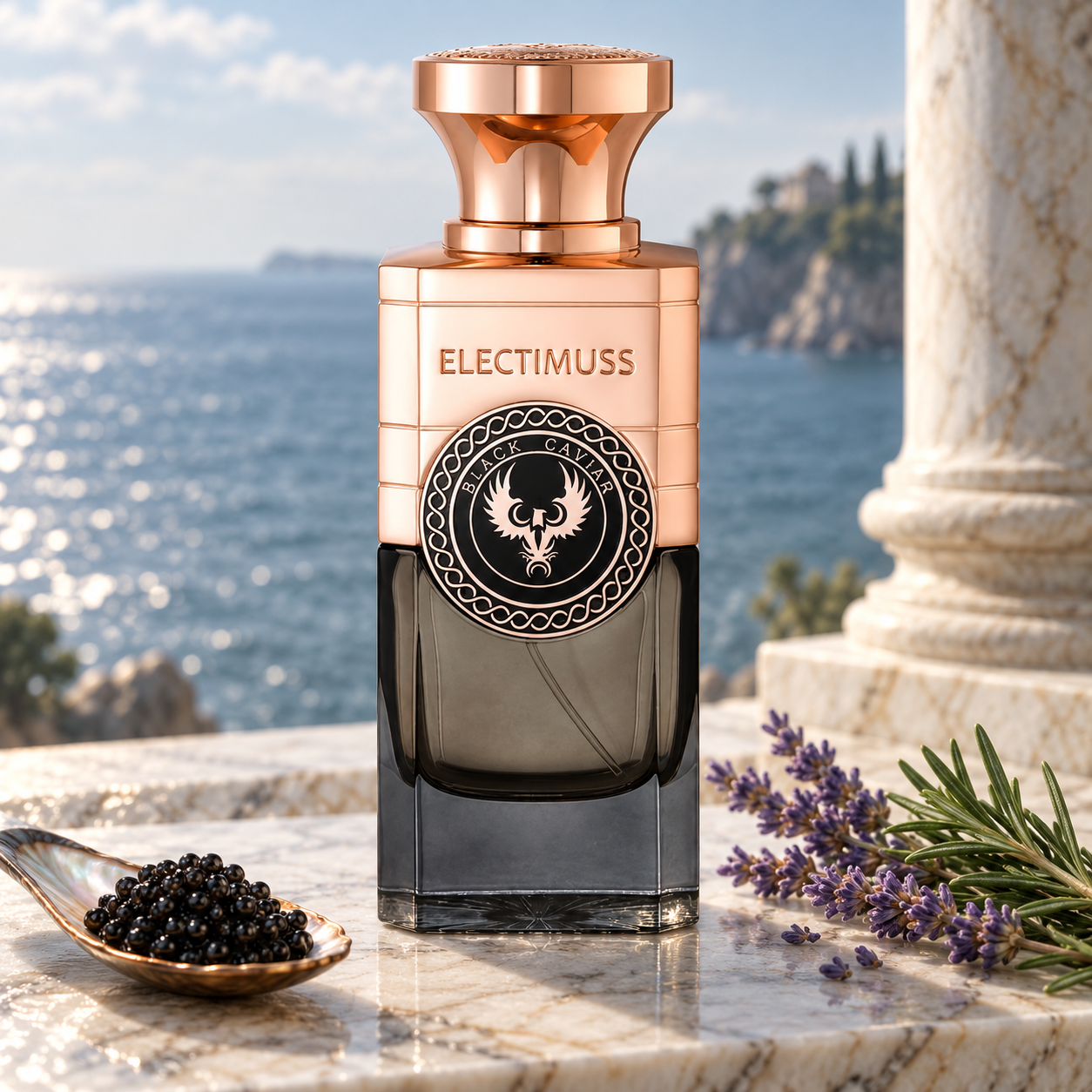 Electimuss Black Caviar beside a spoon of caviar, lavender, and rosemary on pale marble overlooking the sea, with a classical column behind it.