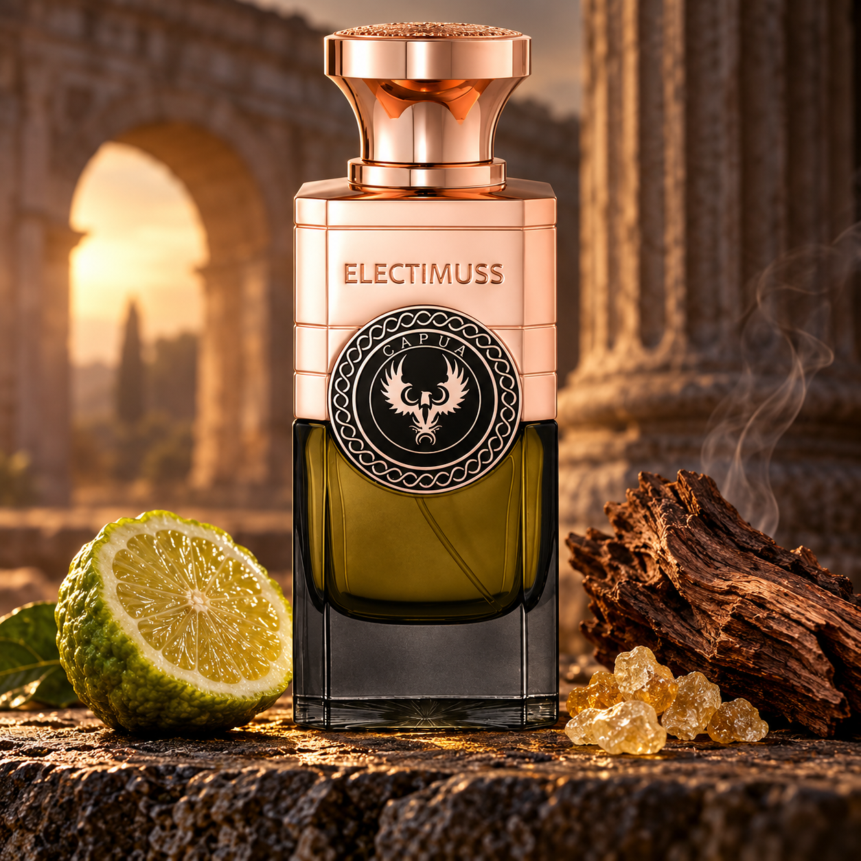 Electimuss Capua with bergamot, cedarwood, and golden resin before softly lit Roman stonework and wisps of smoke.