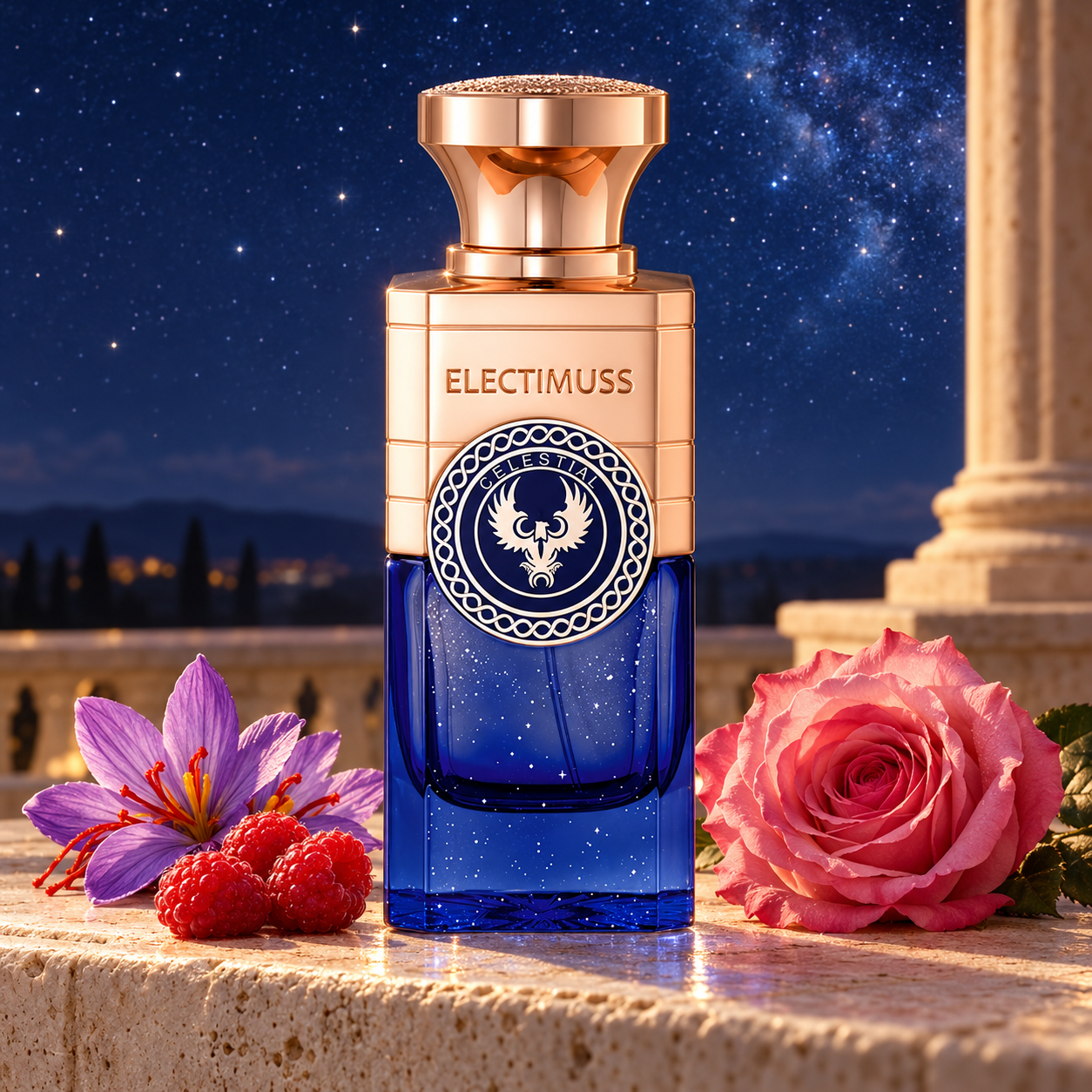 Electimuss Celestial beside saffron crocus, raspberries, and a pink rose on a Roman-inspired terrace beneath a starry sky.