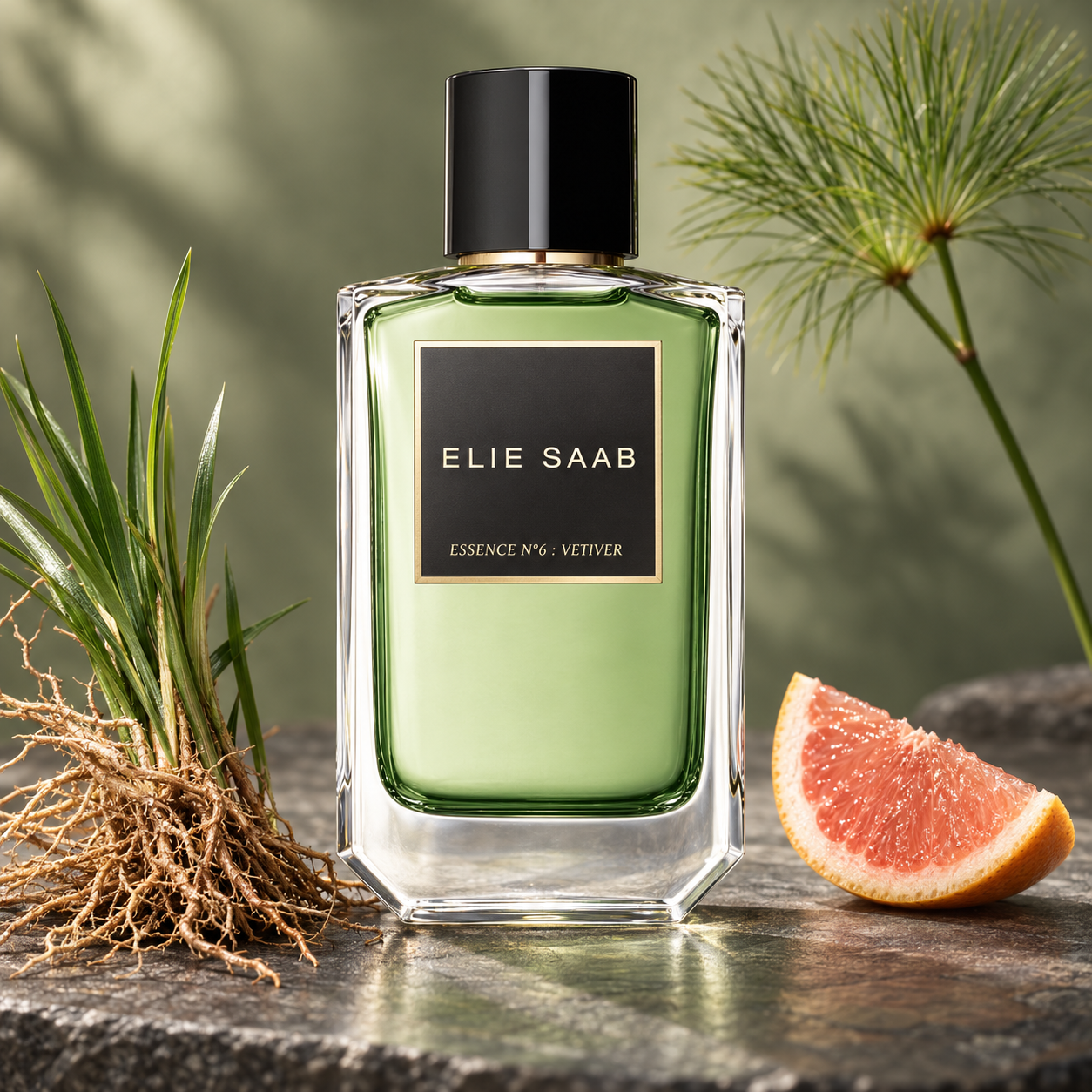 Elie Saab Essence No. 6 Vetiver on dark stone beside vetiver roots, green papyrus, and a grapefruit wedge in soft daylight.