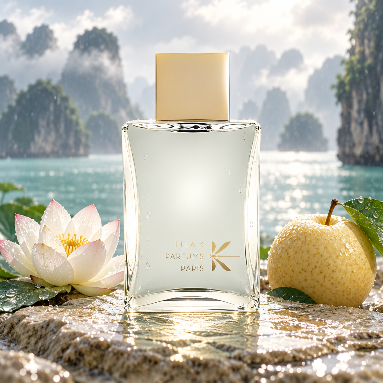 Ella K Pluie sur Ha Long perfume beside a lotus flower and whole pear on wet stone overlooking a misty turquoise bay.
