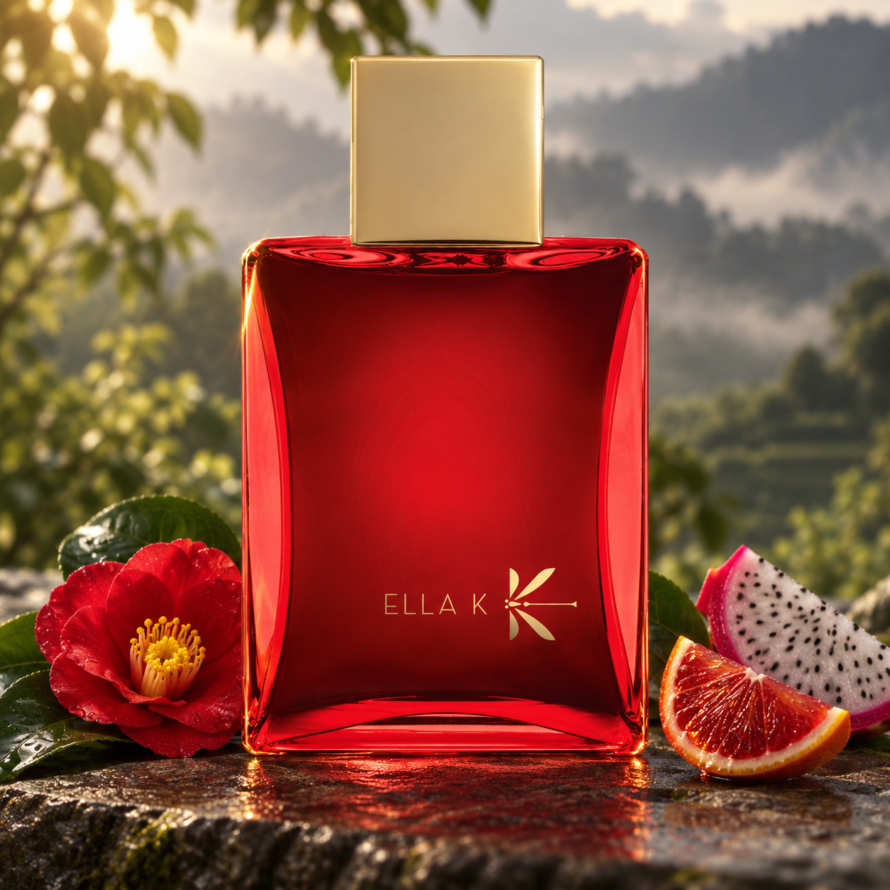 Ella K Camélia K on dark stone beside a red camellia, dragon fruit, and blood orange, with sunlit foliage and misty green hills behind.
