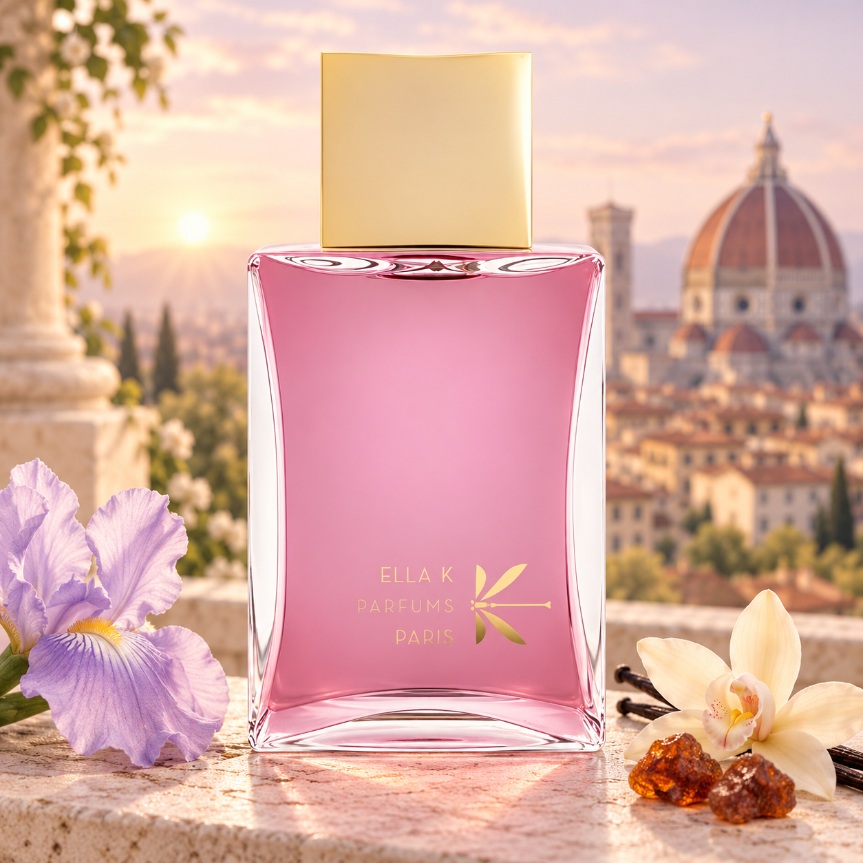 Ella K Baiser de Florence’s pink bottle beside iris, vanilla orchid, and myrrh on a sunlit stone terrace overlooking Florence Cathedral.