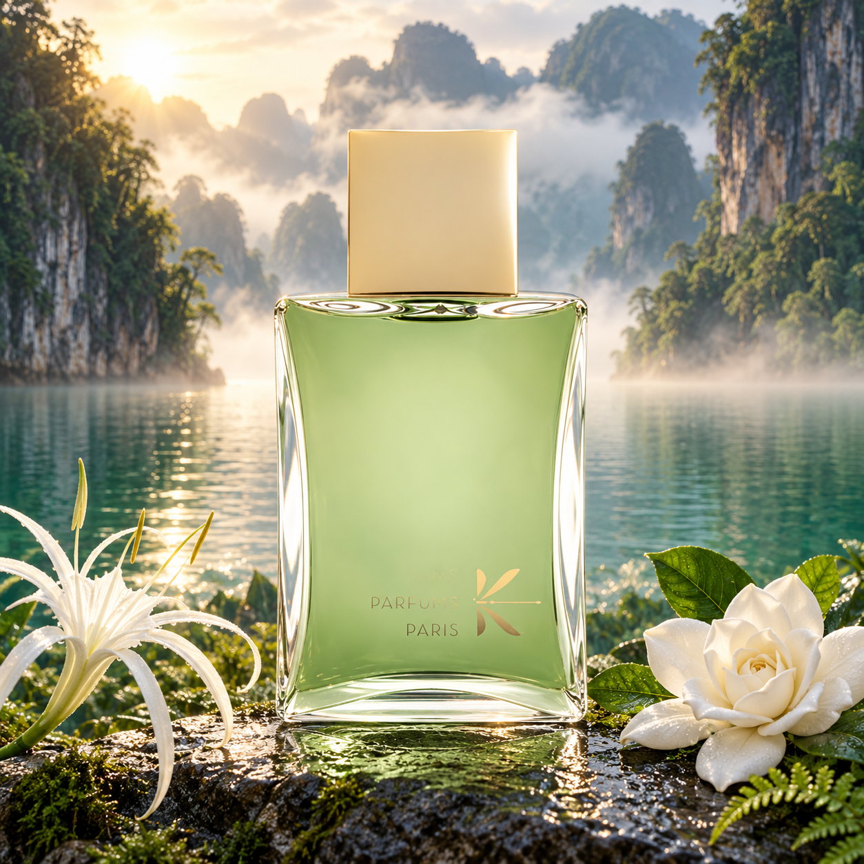 Ella K Brumes de Khao-Sok beside white spider lily and gardenia on mossy stone, overlooking an emerald lake and mist-shrouded limestone cliffs.