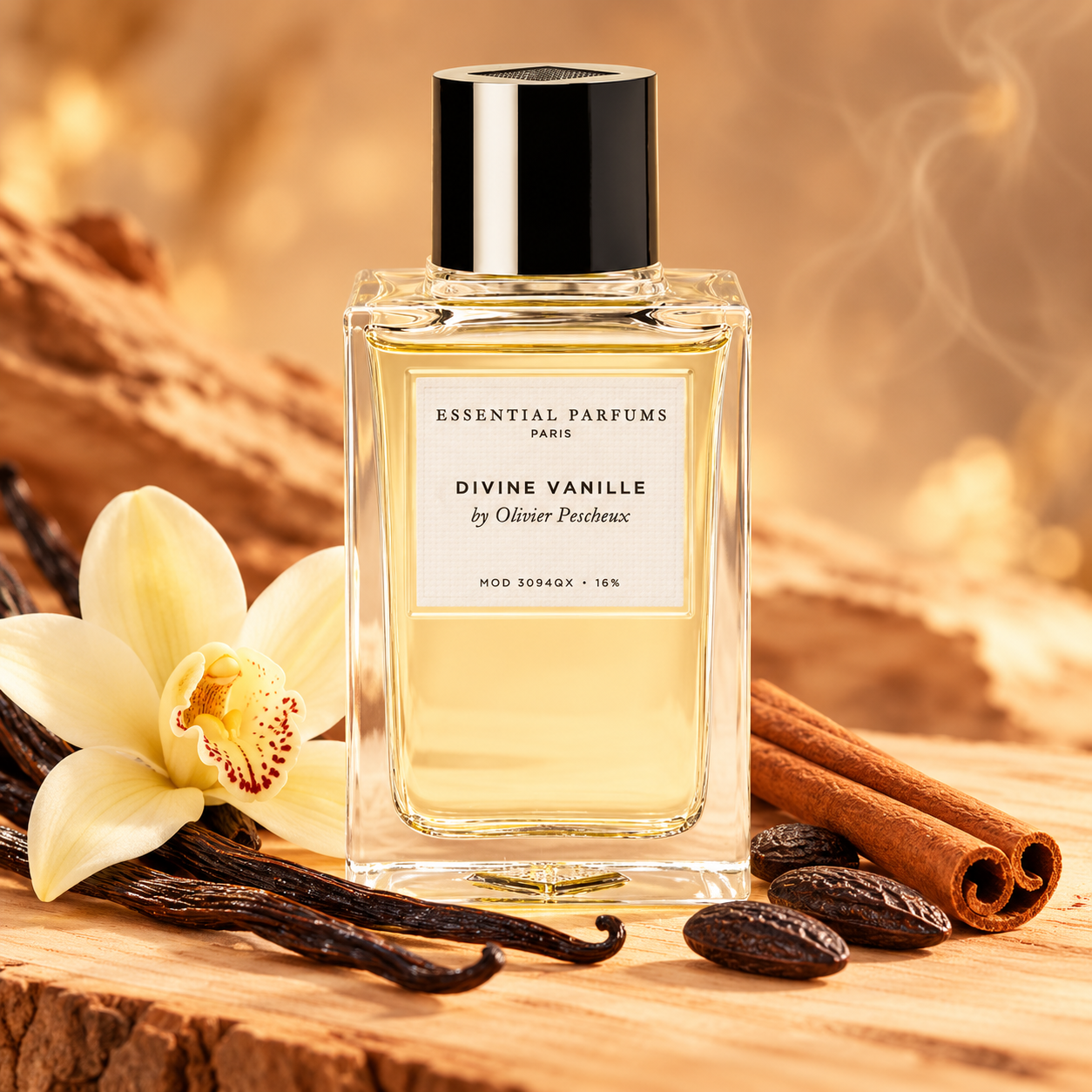 Essential Parfums Divine Vanille bottle with a vanilla orchid, pods, cinnamon and tonka beans on cedarwood in amber light.
