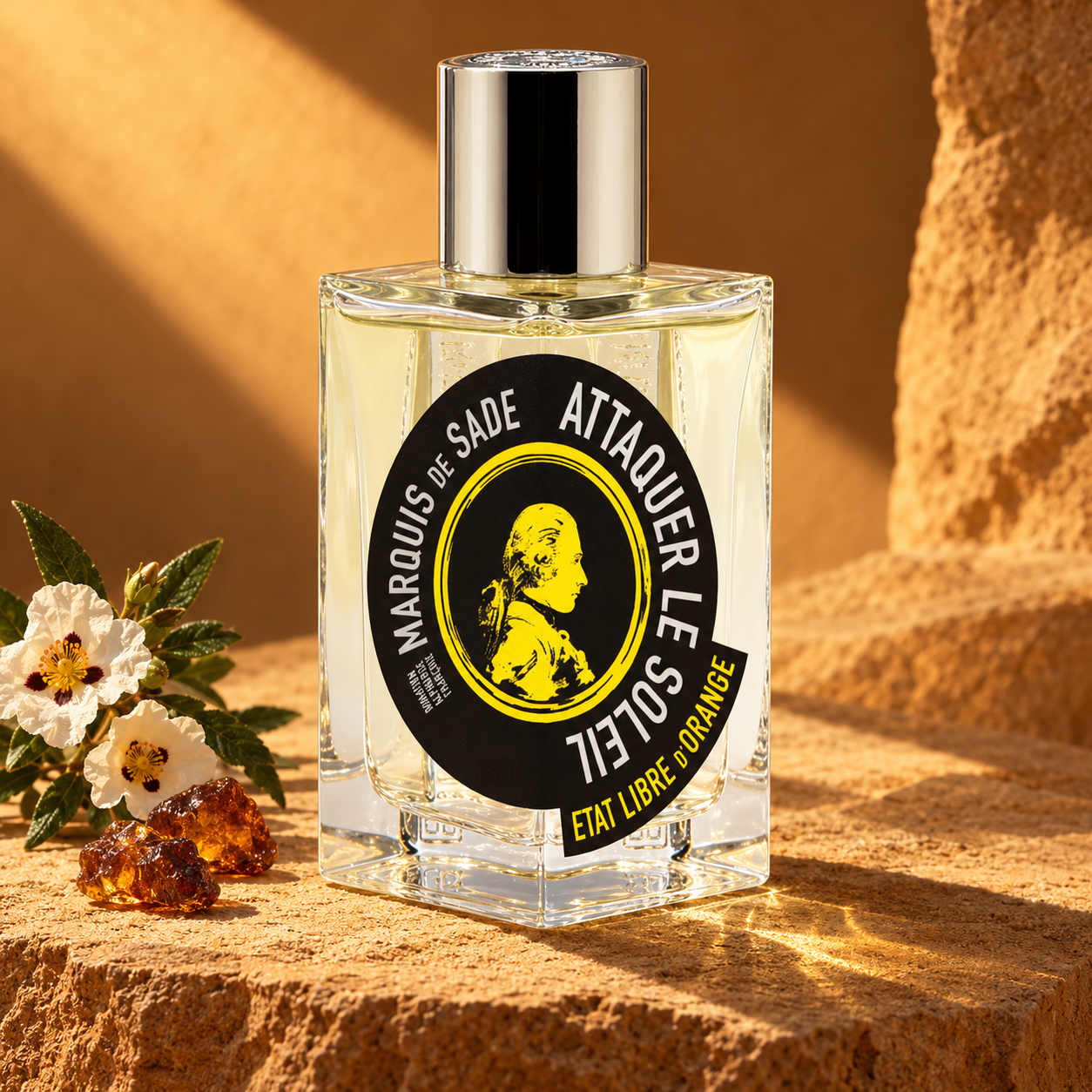 Etat Libre d’Orange Attaquer le Soleil Marquis de Sade on sunlit sandstone beside white cistus flowers and amber resin.
