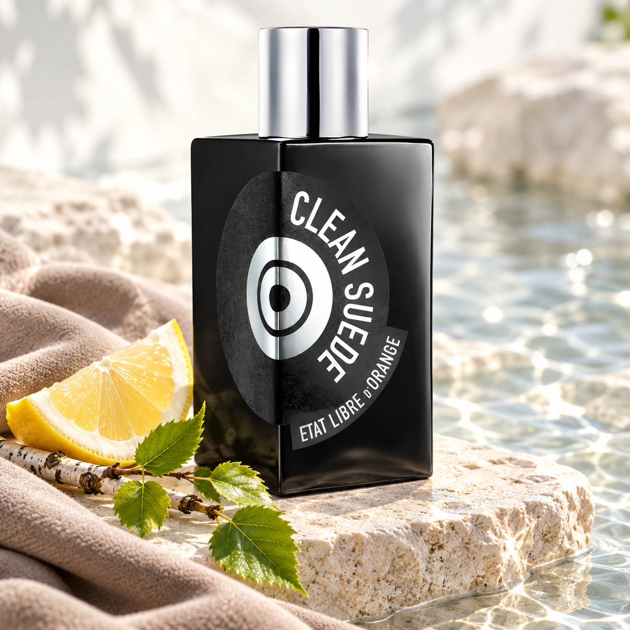 Etat Libre d’Orange Clean Suede bottle on pale stone beside lemon, birch leaves, and taupe suede, with sunlight shimmering across clear water.