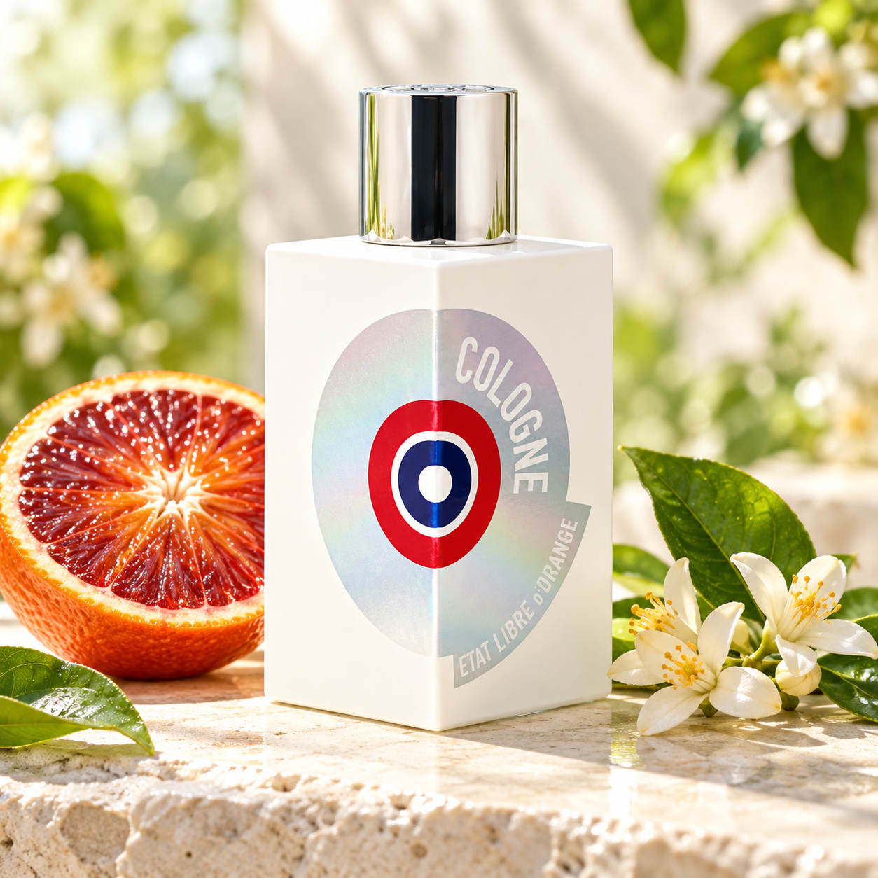 Etat Libre d’Orange Cologne bottle on sunlit ivory stone beside a blood orange half, white orange blossoms, and fresh green leaves.