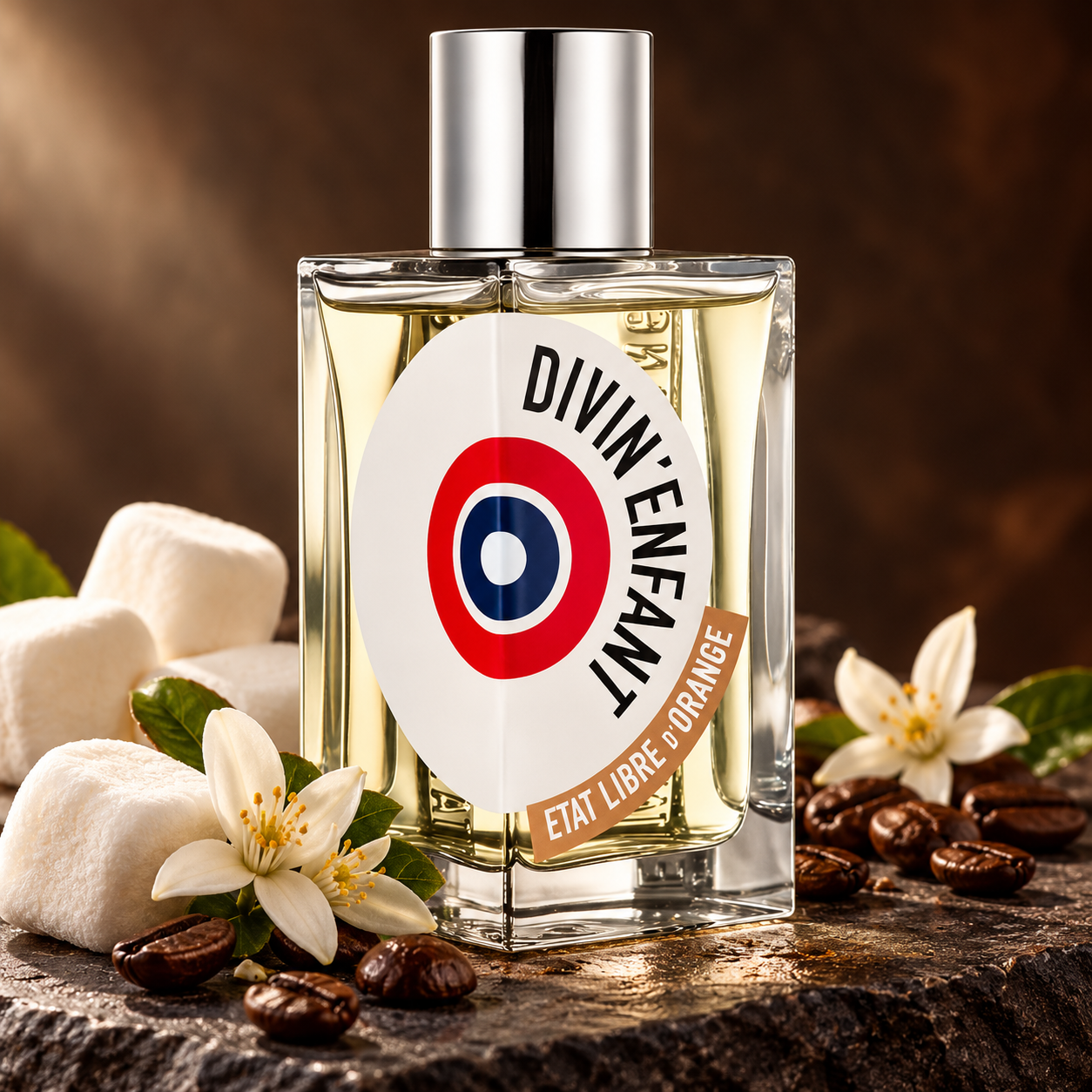 Etat Libre d’Orange Divin’Enfant bottle with marshmallows, orange blossoms and coffee beans on dark stone in warm light.