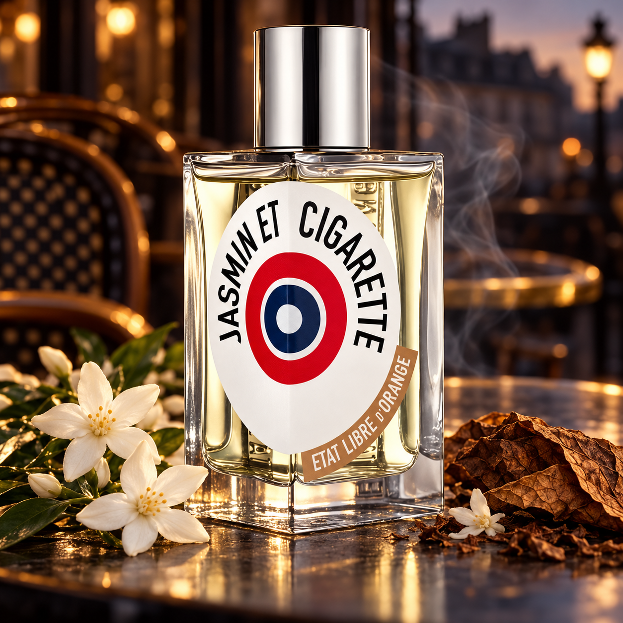Etat Libre d'Orange Jasmin et Cigarette on a dark café table with jasmine, tobacco leaf and soft smoke at twilight.