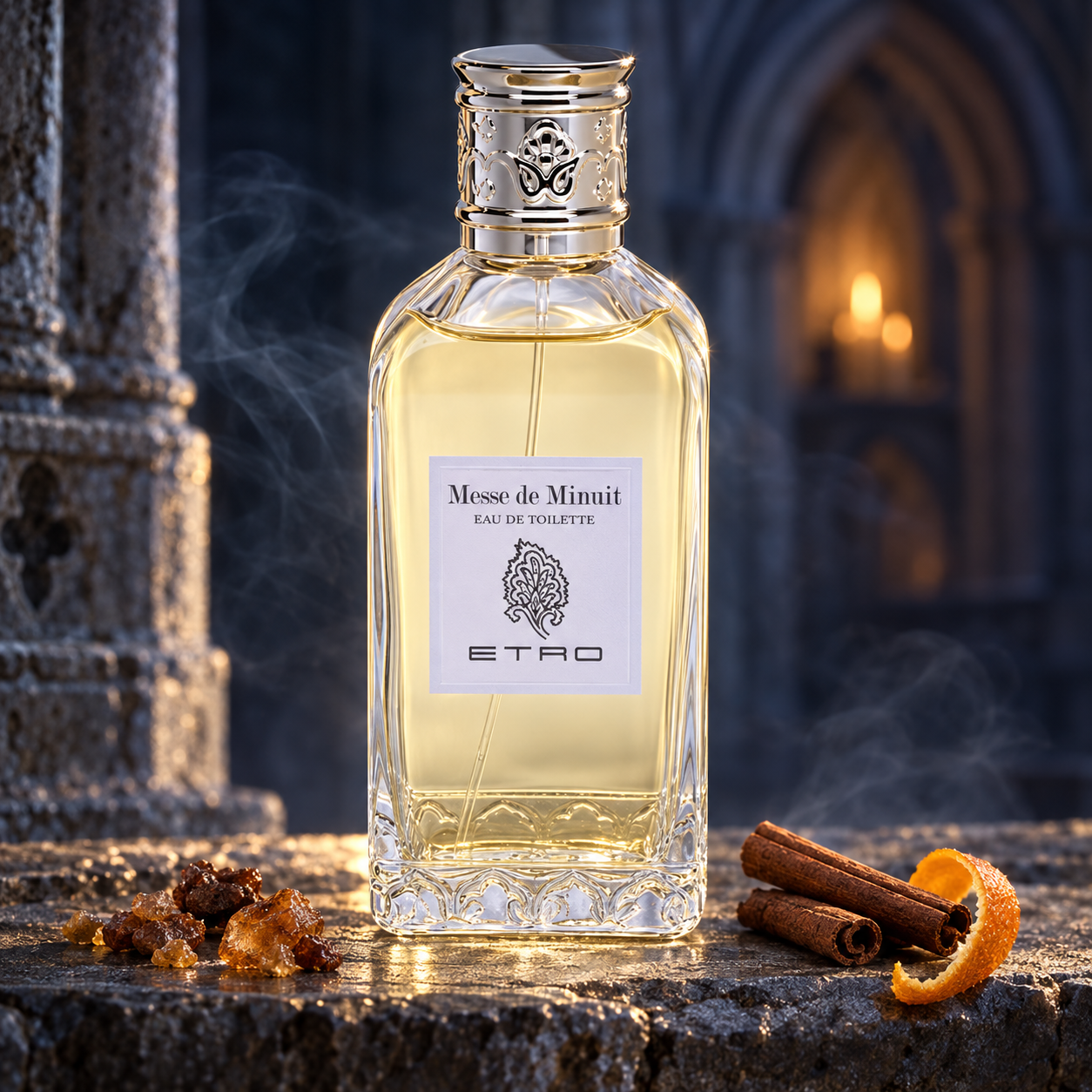 Etro Messe de Minuit on aged stone beside myrrh resin, cinnamon, and orange peel, with drifting incense smoke and a softly lit Gothic arch behind.