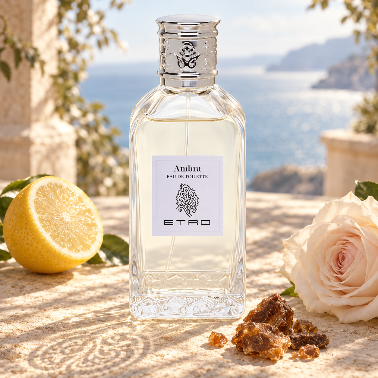 Etro Ambra bottle beside lemon, a pale rose, and opoponax resin on a stone terrace in dappled sunlight, with the sea softly blurred behind it.