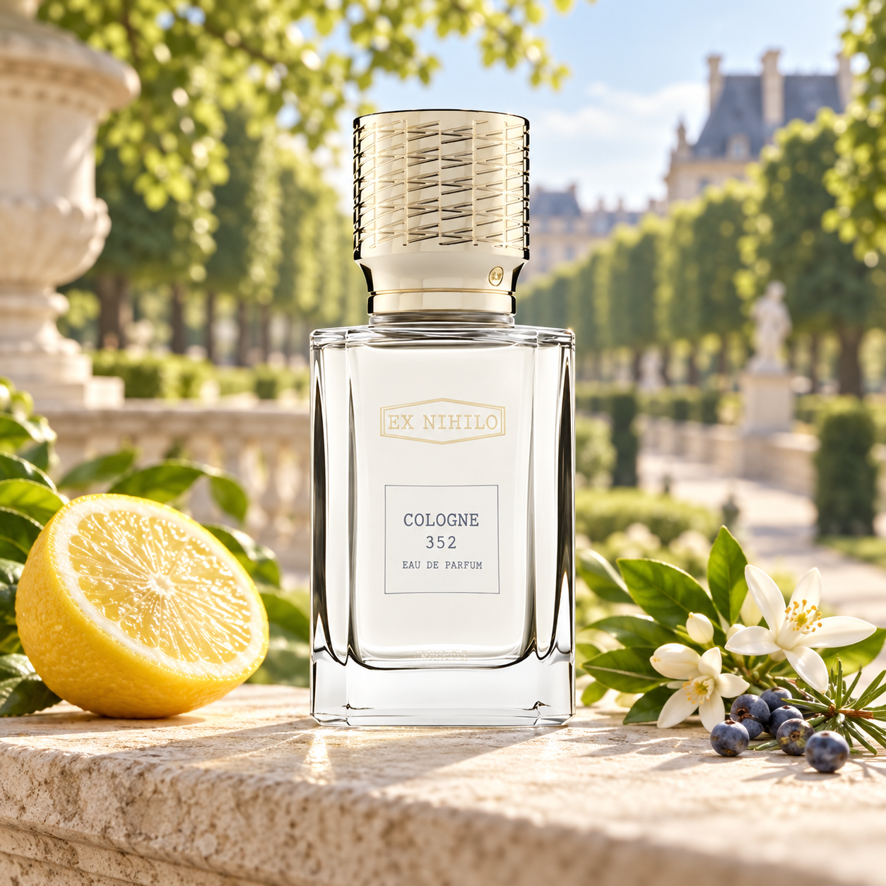 Ex Nihilo Cologne 352 bottle on sunlit stone beside a lemon half, orange blossoms, and juniper berries, overlooking a formal French garden.