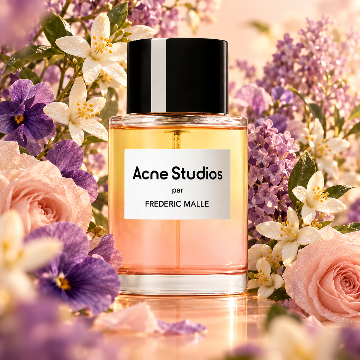 Acne Studios par Frédéric Malle stands amid orange blossoms, purple violets, and blush roses in warm peach light.
