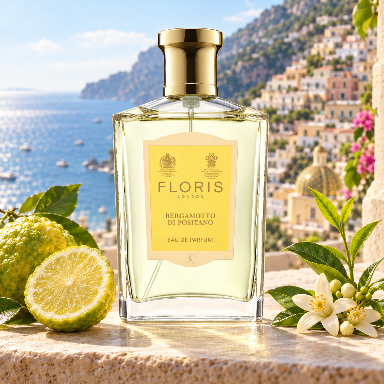 Floris Bergamotto di Positano beside bergamot, orange blossoms, and fresh tea leaves on a sunlit terrace overlooking Positano and the sea.